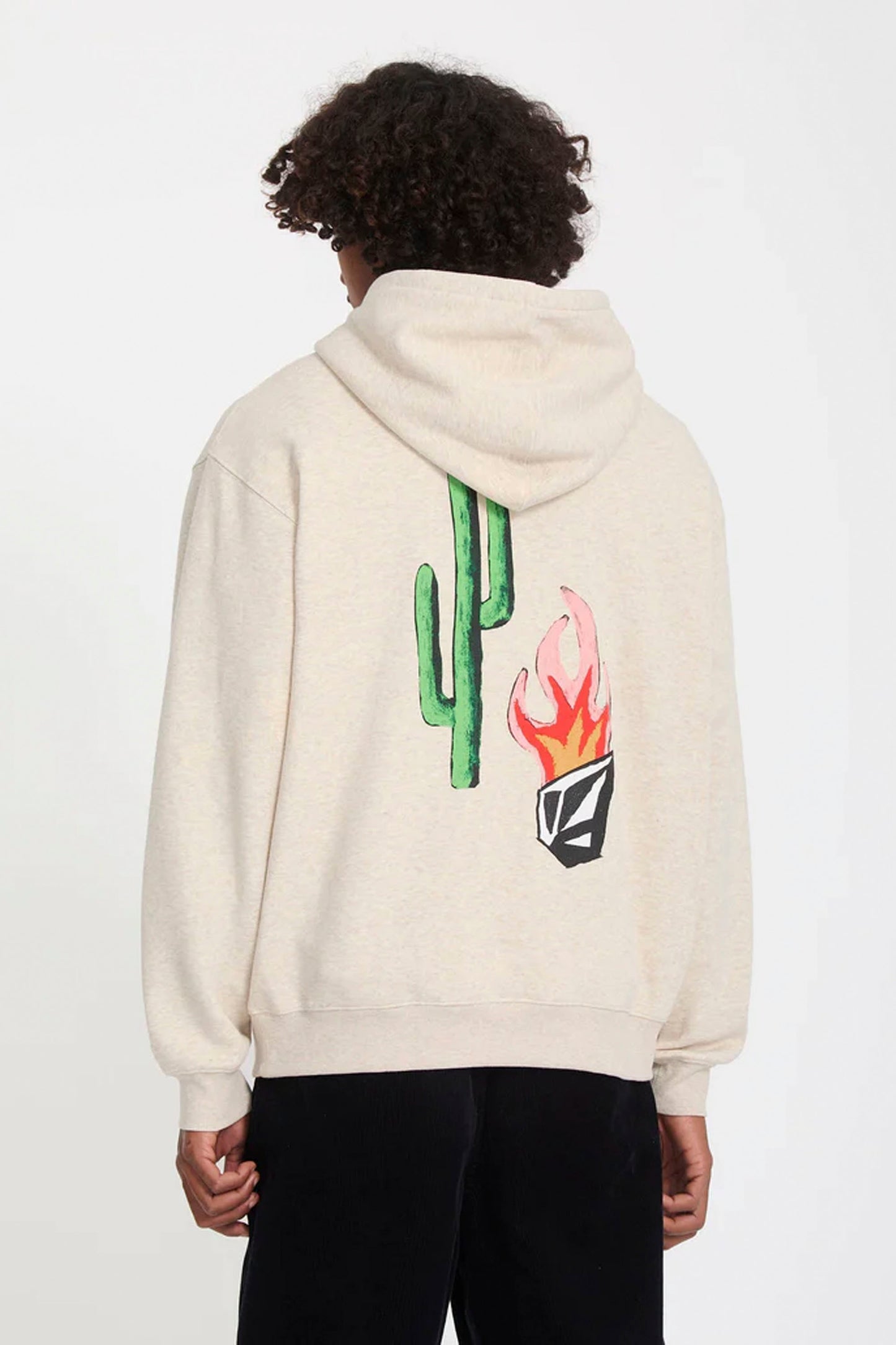 Man wearing a cream-colored Volcom Fa -mickey Mason hoodie on a white background