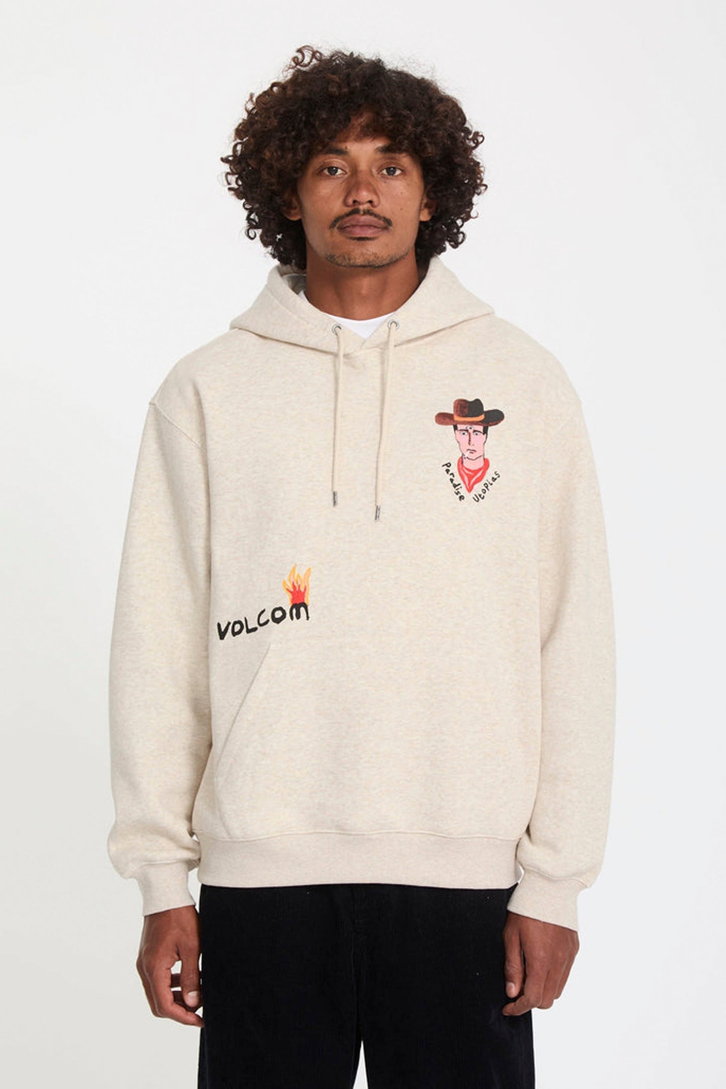 Person wearing a cream-colored Volcom Fa -mickey Mason hoodie with Volcom logo and design on a white background