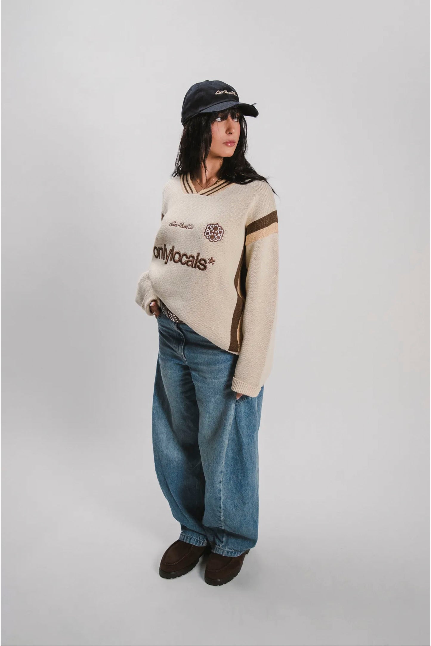 CUCO BOARD CLUB Locals Only varsity knit sweater in sand with chocolate stripes and multi-logo embroidery