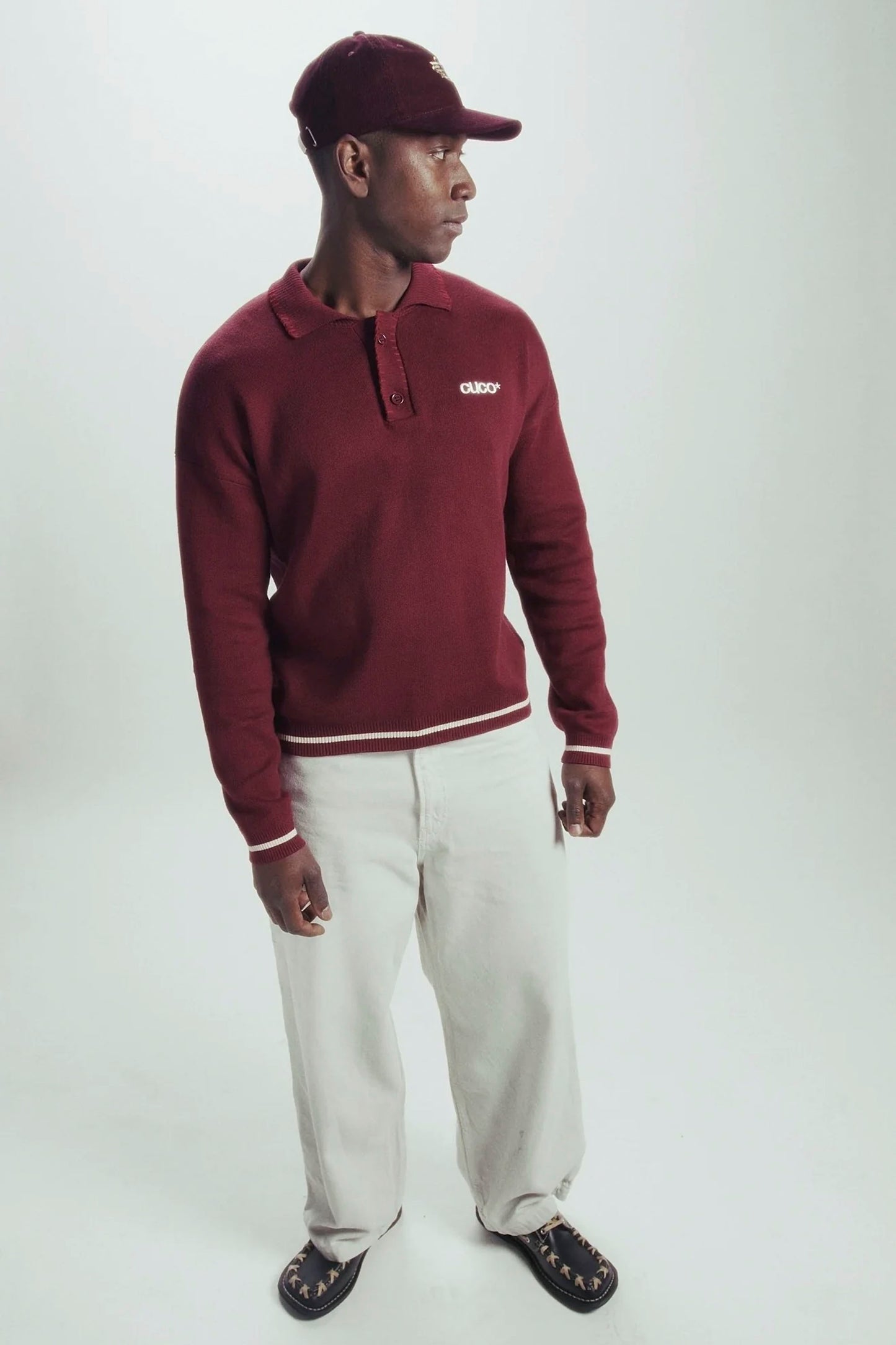 CUCO BOARD CLUB Ruby Polo long-sleeve knit sweater in deep ruby red with contrast stitching and retro stripes