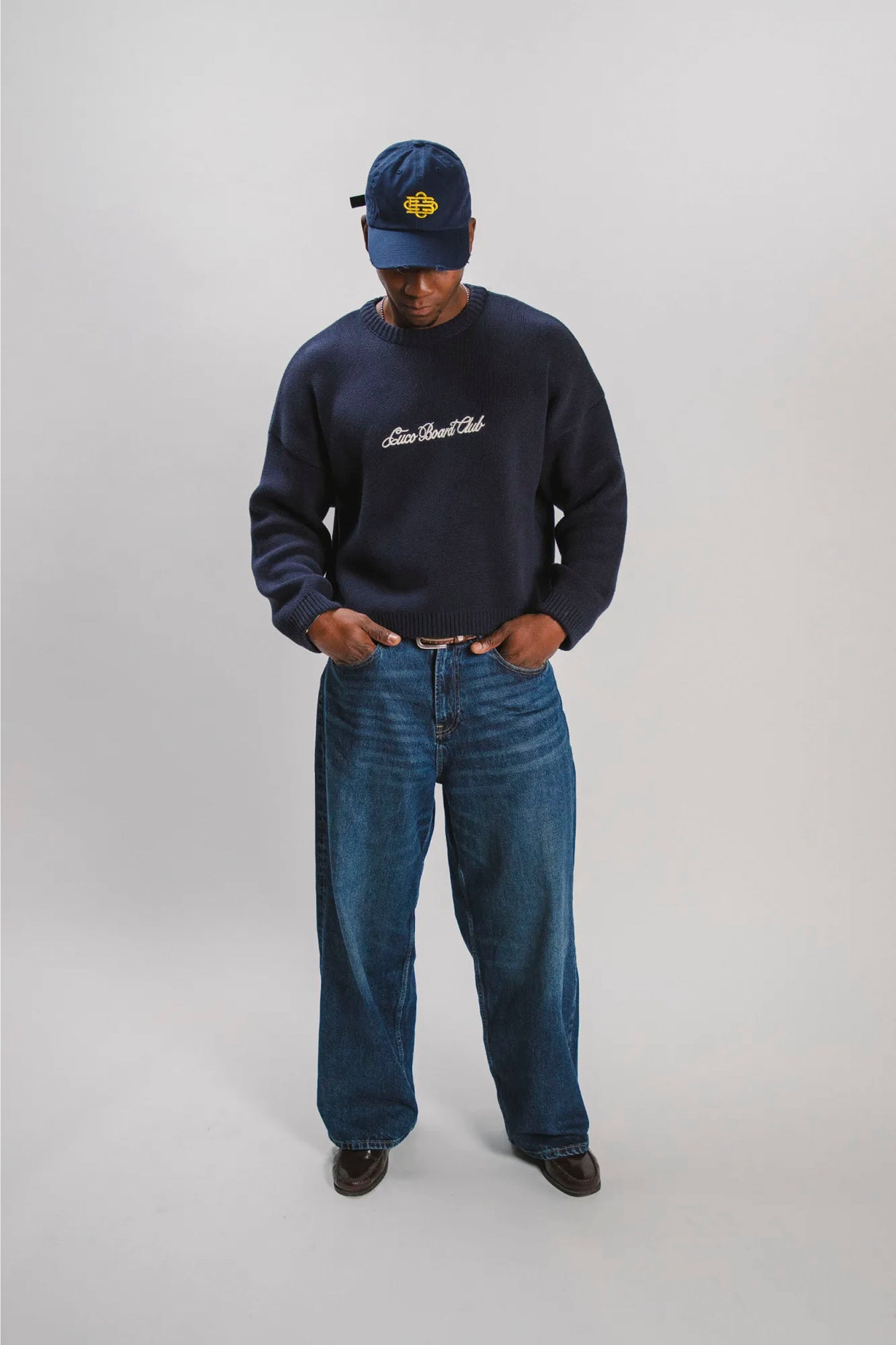 CUCO BOARD CLUB Standalone Knit heavyweight oversized sweater in navy blue with white embroidery