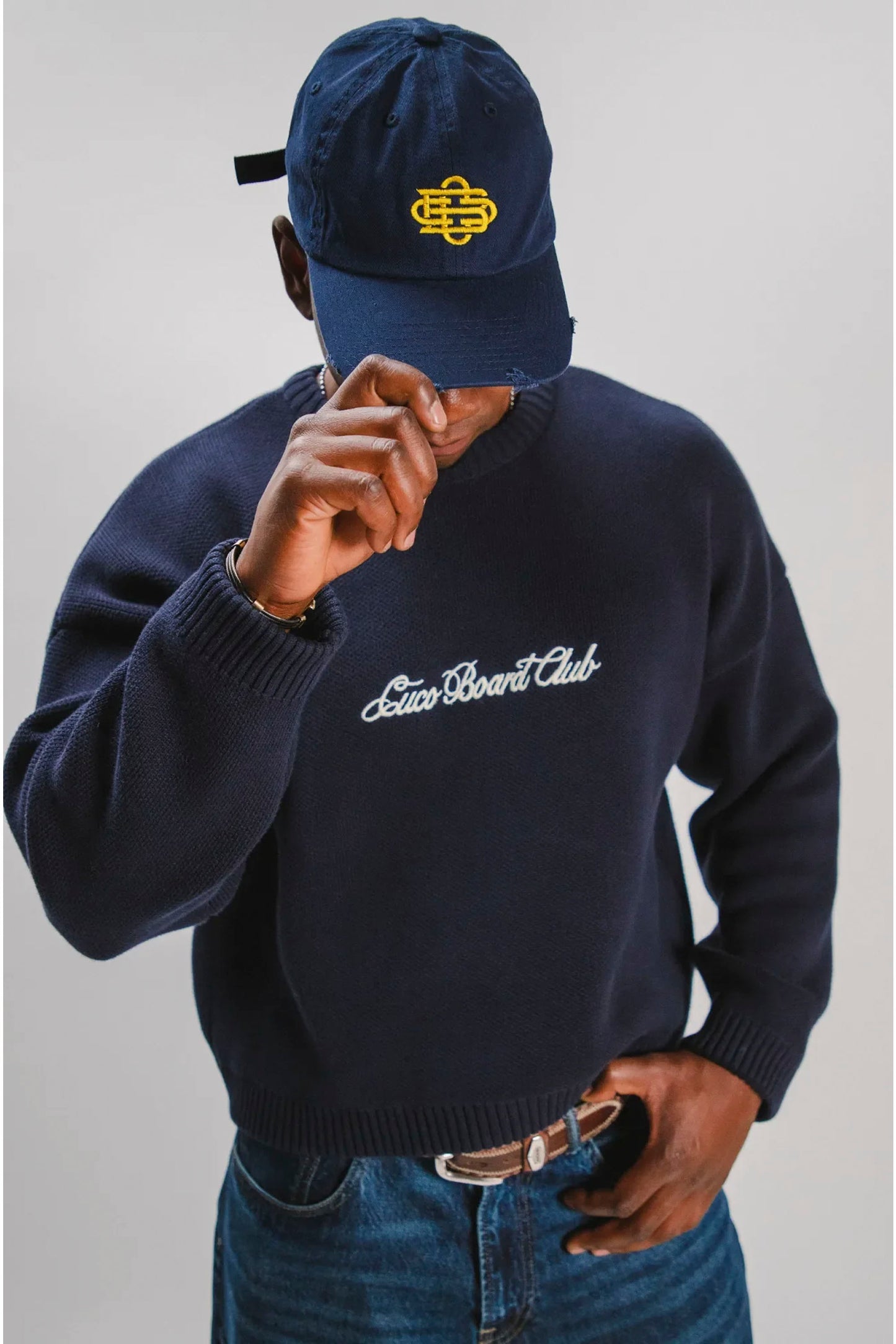 CUCO BOARD CLUB Standalone Knit heavyweight oversized sweater in navy blue with white embroidery