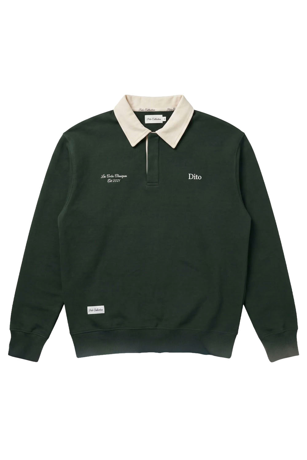 A dark forest green long-sleeve sweatshirt with a contrasting cream-colored collar, featuring white embroidered text on the chest and a small white rectangular label near the hem.