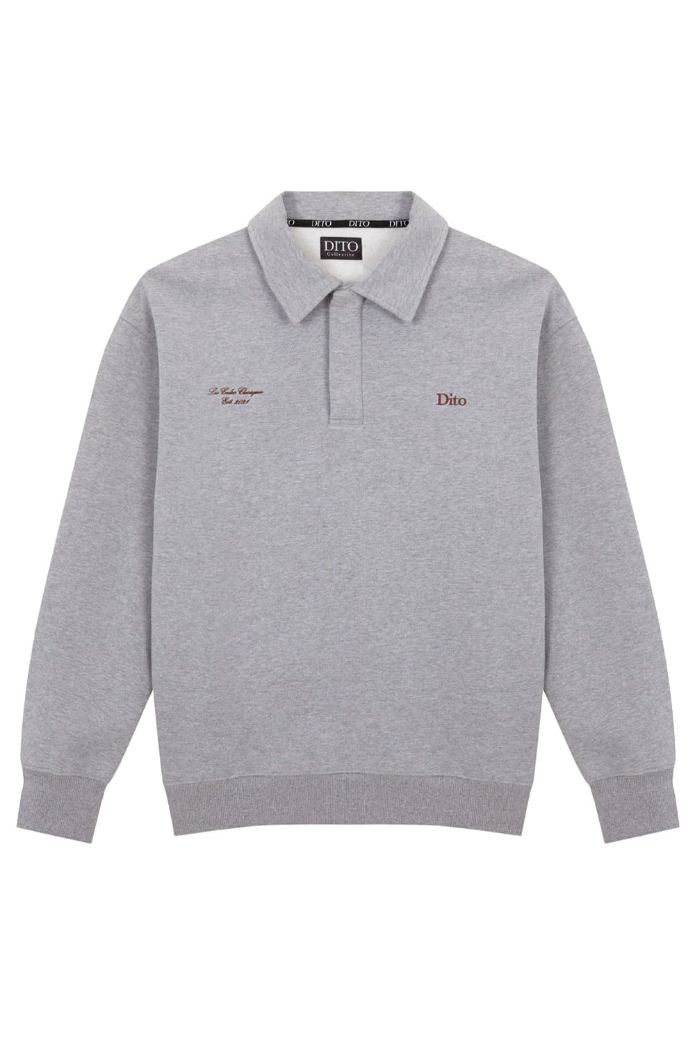 A light gray heathered long-sleeve polo sweatshirt with 'Dito' embroidered on the left chest and 'Dito Studio' on the inner neck label, shown against a plain white background.