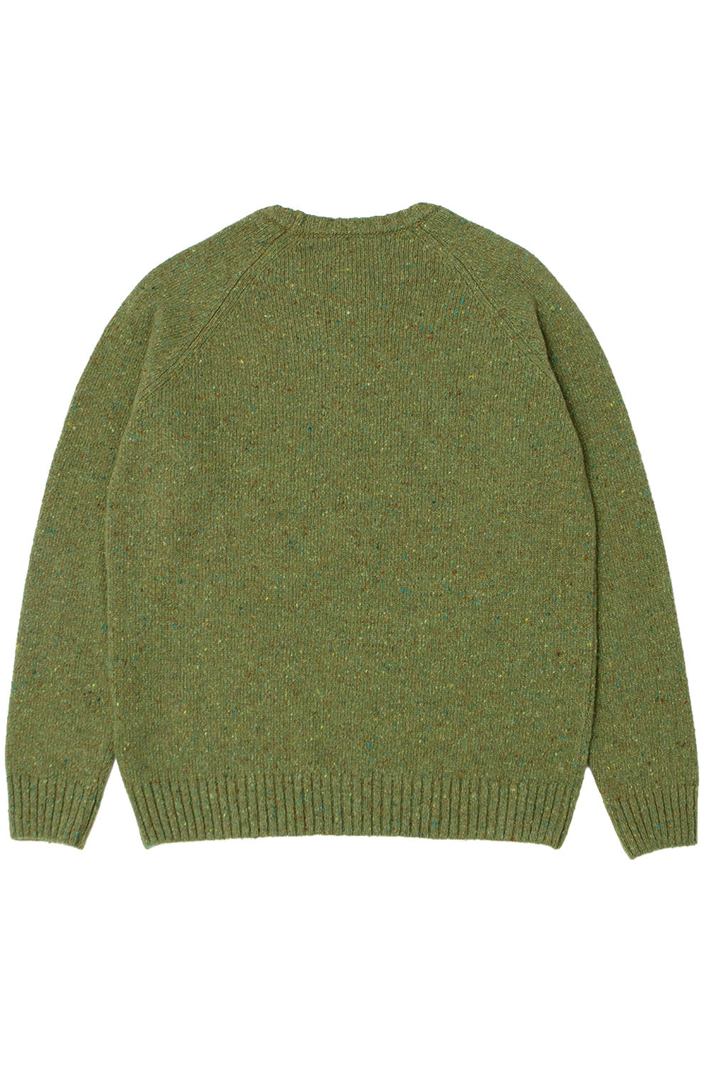An olive green knit sweater shown from the back, featuring a crew neck and raglan sleeves, laid flat against a white background.