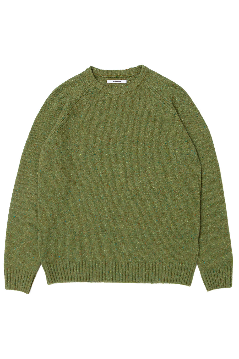 An olive green knit crewneck sweater with raglan sleeves, laid flat against a solid white background.