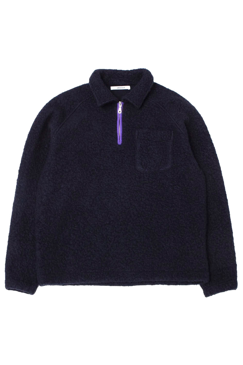 A dark navy blue sherpa fleece quarter-zip pullover sweater with a purple zipper pull, shown flat against a white background.