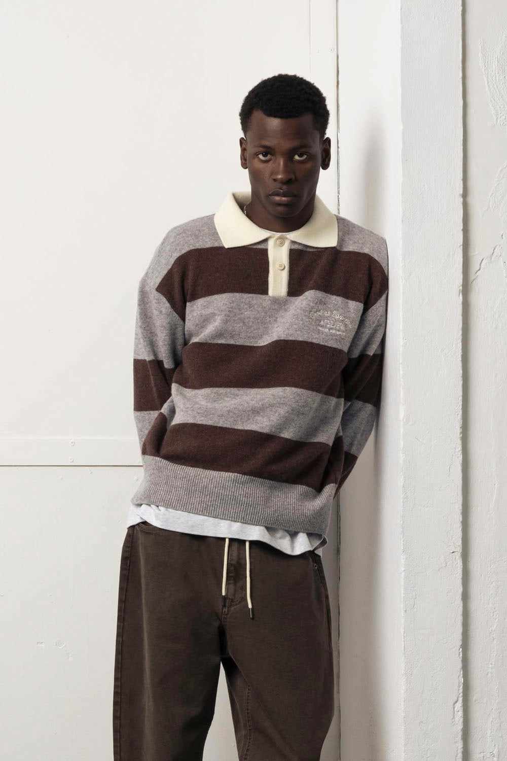 Goodies Sportive Shitake Knit Polo in Brown Grey Stripe - Men's Long Sleeve Knit at Pukas Surf Shop
