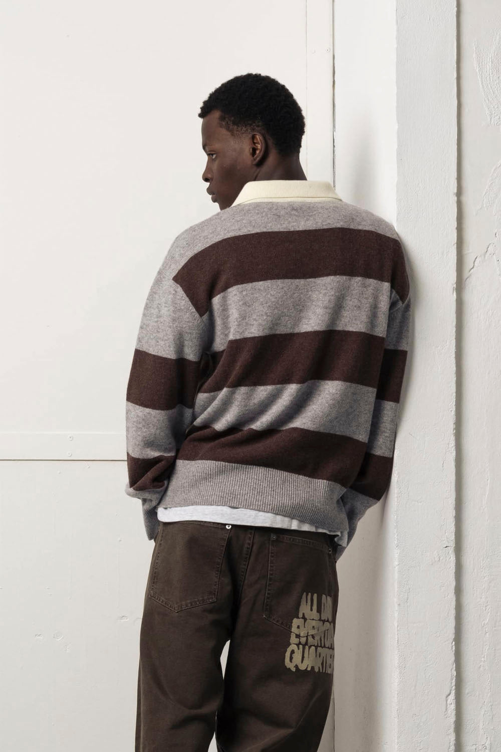 Goodies Sportive Shitake Knit Polo in Brown Grey Stripe - Men's Long Sleeve Knit at Pukas Surf Shop
