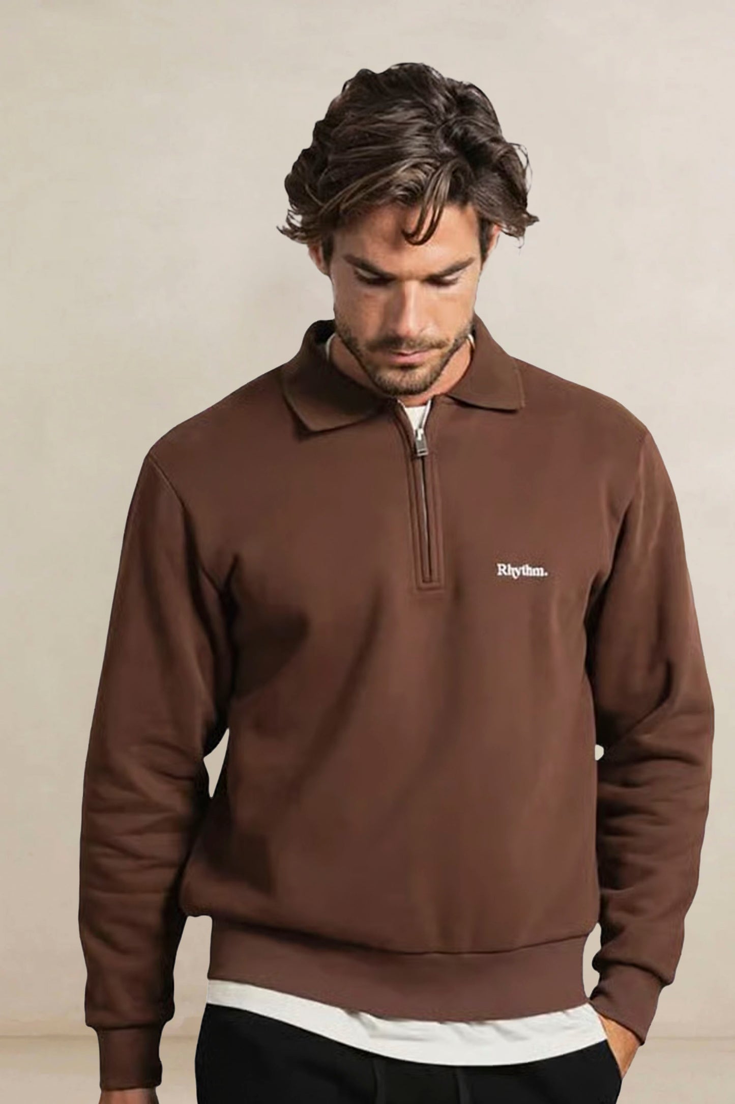RHYTHM Furnace Quarter Zip Fleece in chocolate brown - men's polar fleece pullover with chest embroidery
