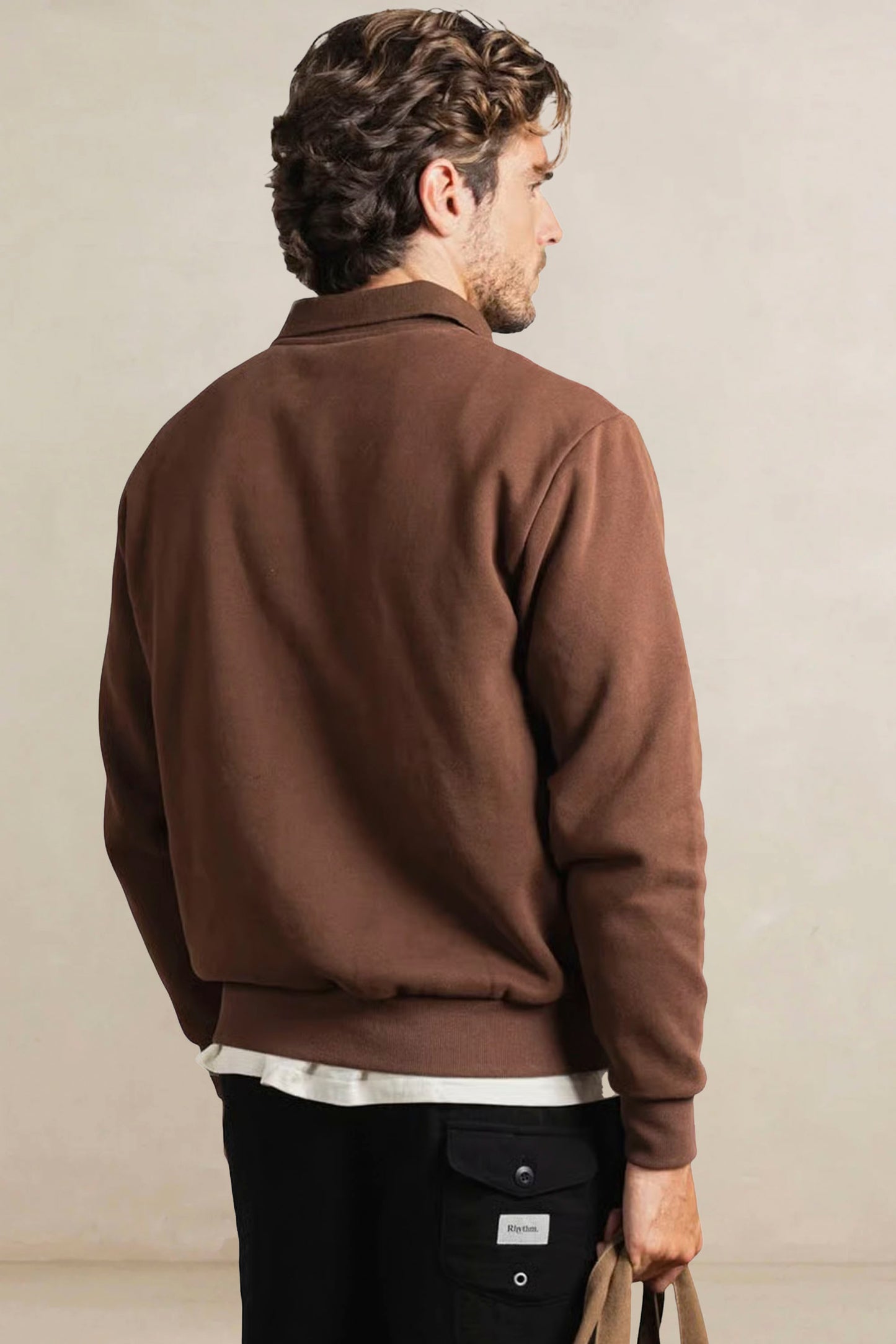RHYTHM Furnace Quarter Zip Fleece in chocolate brown - men's polar fleece pullover with chest embroidery