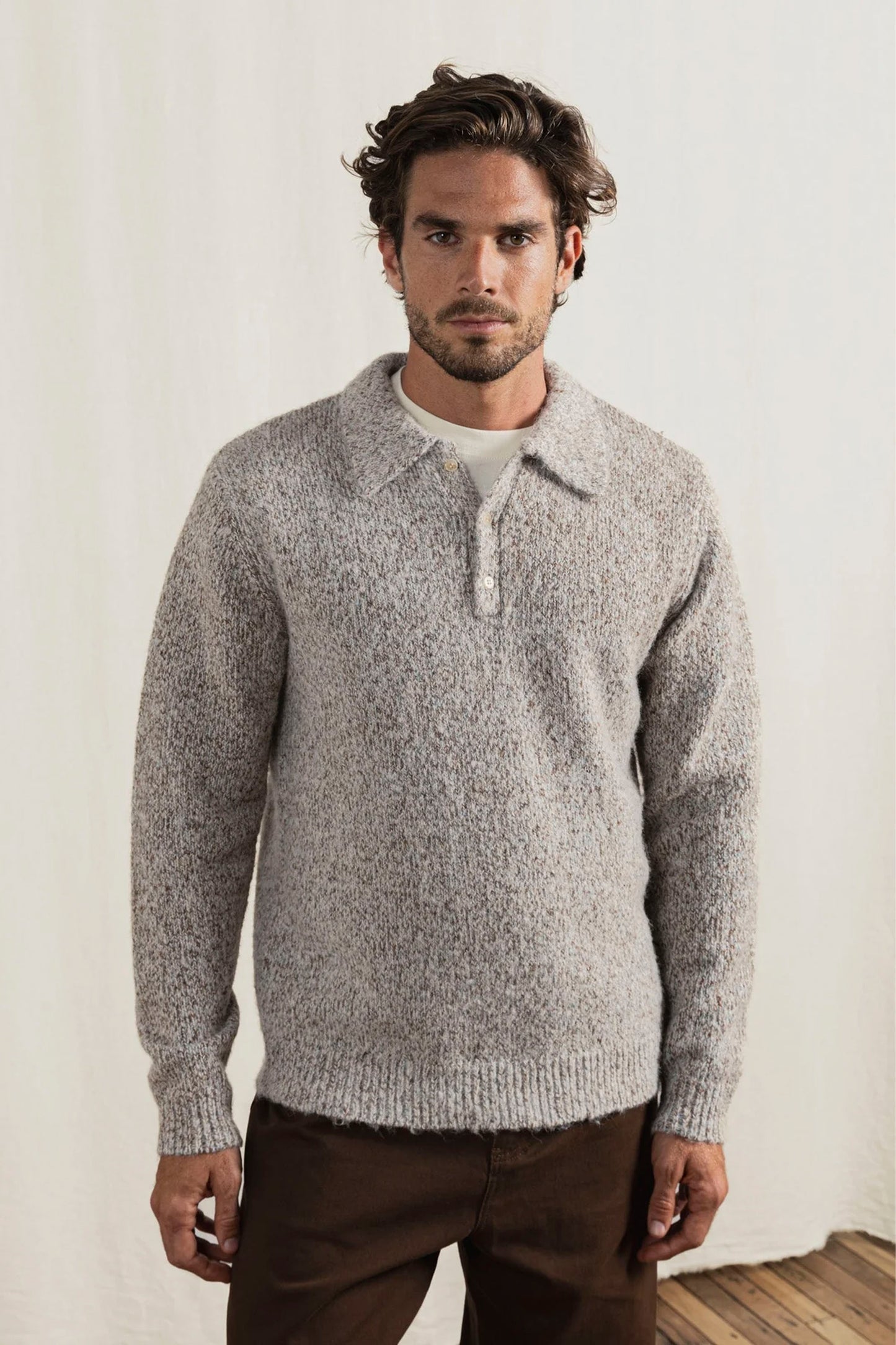 RHYTHM Kinetic Collared Knit in tobacco - men's textured sweater for coastal lifestyle and surf-inspired style
