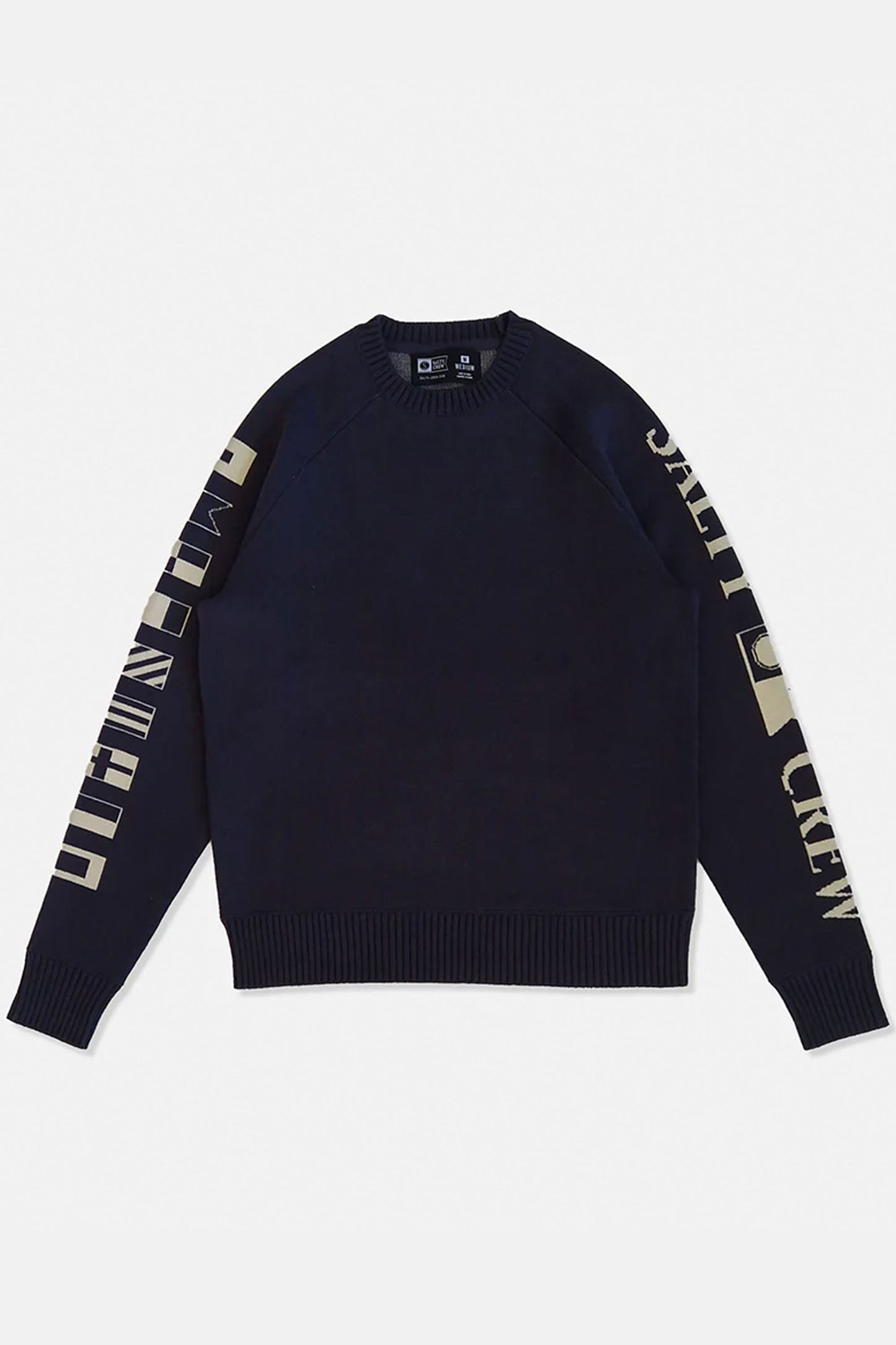 Pukas Surf Shop Salty Crew men’s cotton sweater in midnight navy with intarsia sleeves