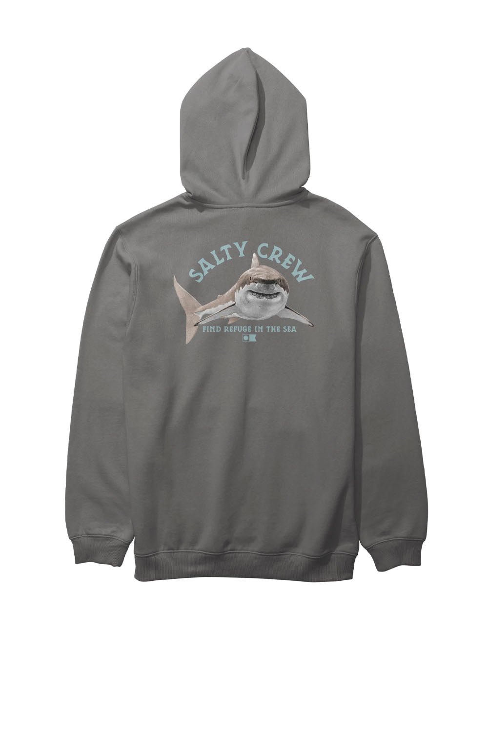 Gray hoodie with Salty Crew logo and shark graphic on a white background