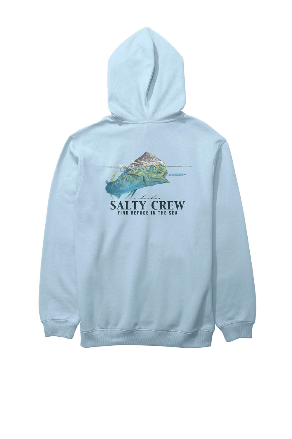 Light blue hoodie with Salty Crew logo and graphic on a white background