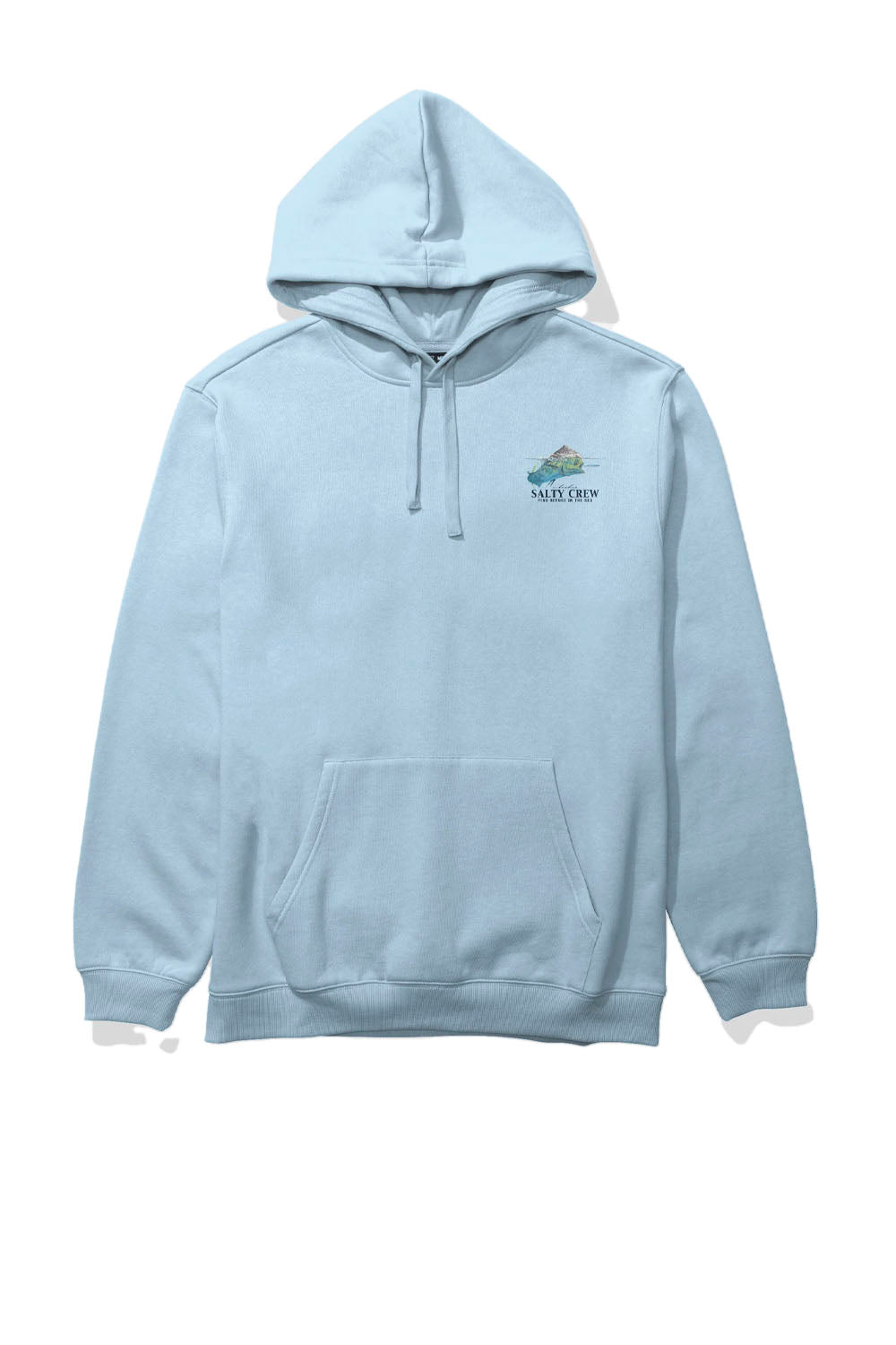Light blue hoodie with a brand logo on a white background