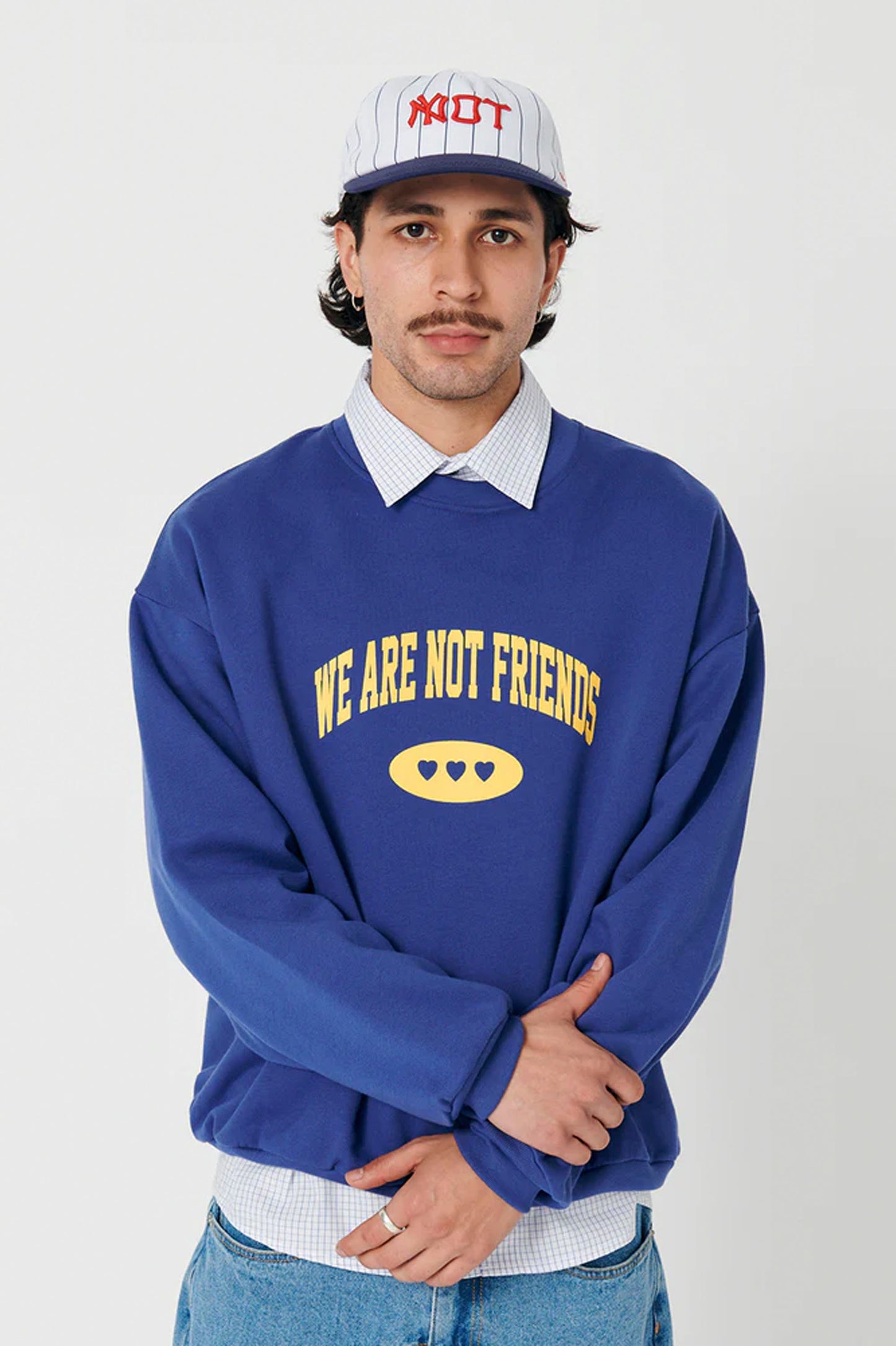 We Are Not Friends U Friends Crewneck – navy graphic sweatshirt, relaxed fit – Pukas Surf Shop