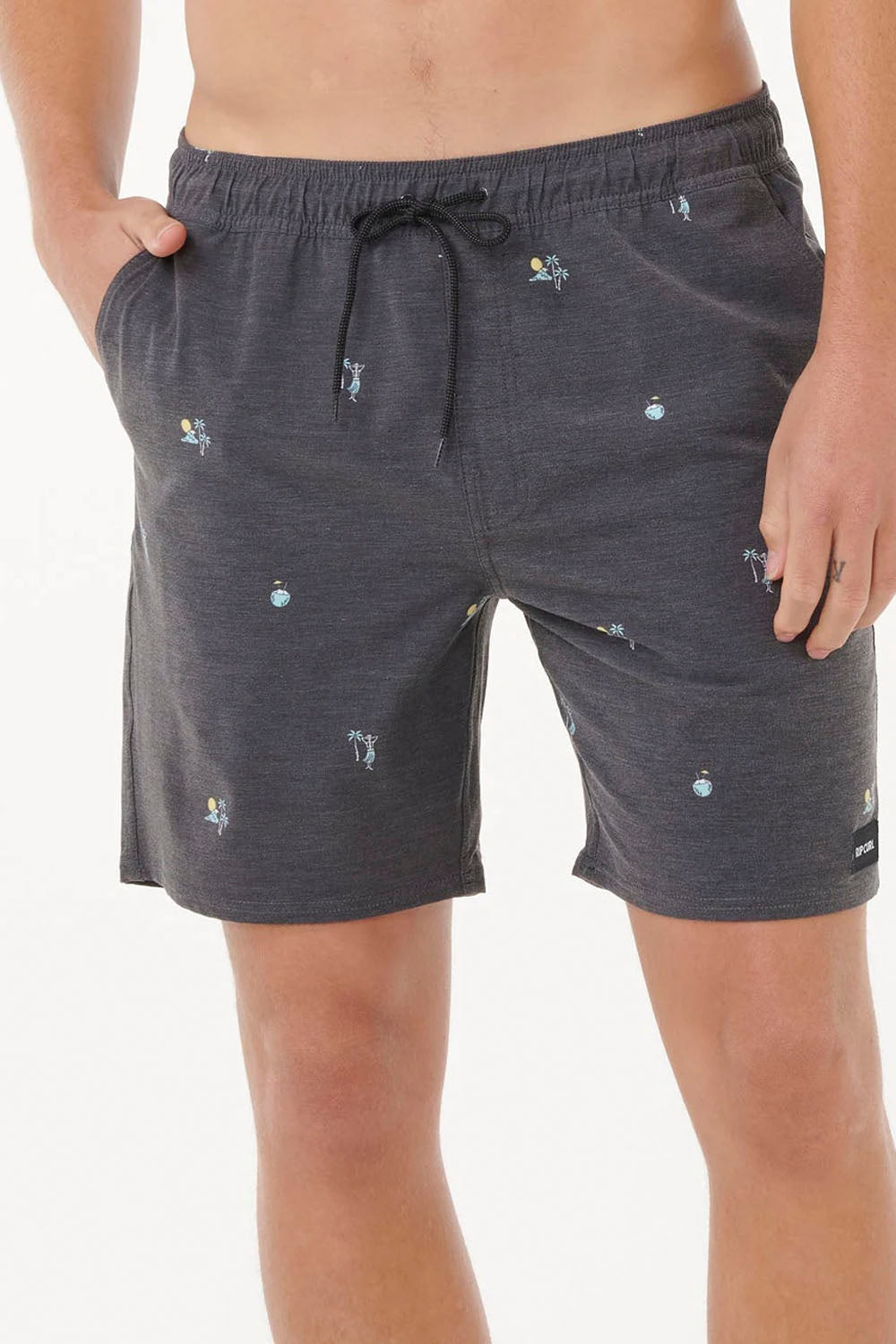 Dark gray shorts with small patterns on a white background