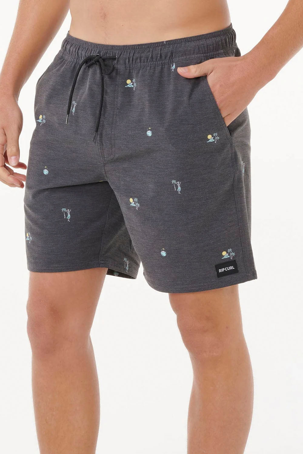 Dark gray shorts with small patterns on a white background