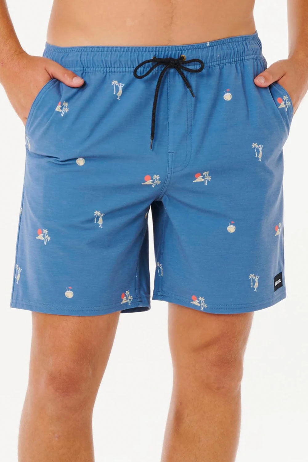 Blue swim shorts with a pattern on a white background