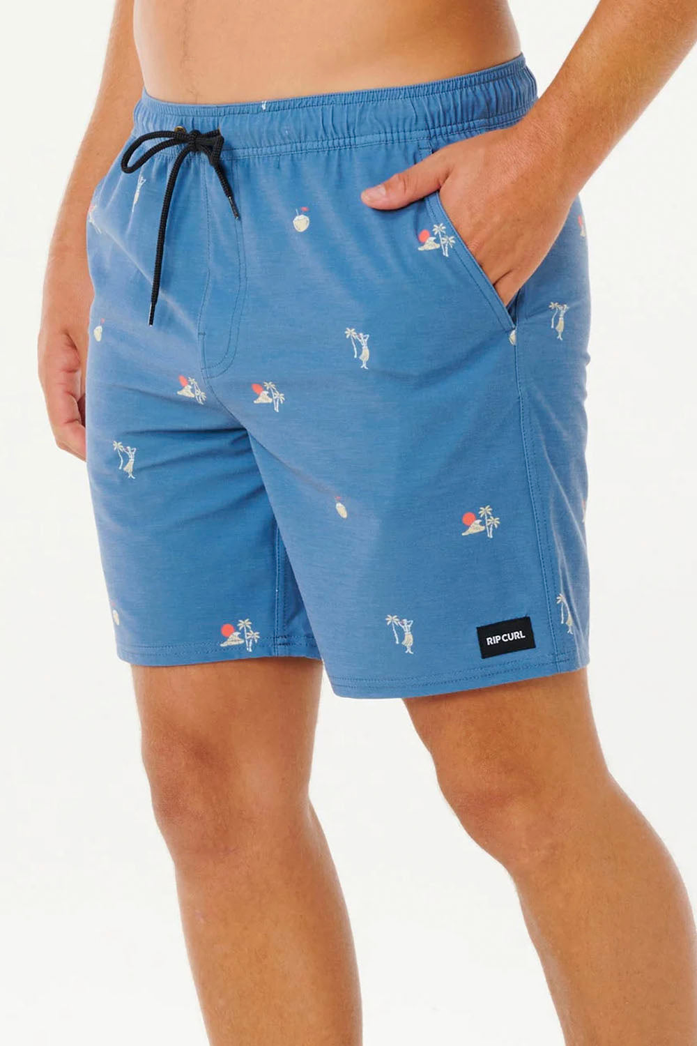 Blue swim shorts with small prints on a white background