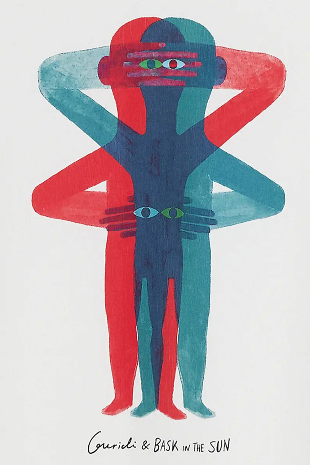 A minimalist art print featuring a stylized human figure composed of overlapping translucent red and teal silhouettes on a white background, with the text 'Guerida & BASK in the SUN' at the bottom.