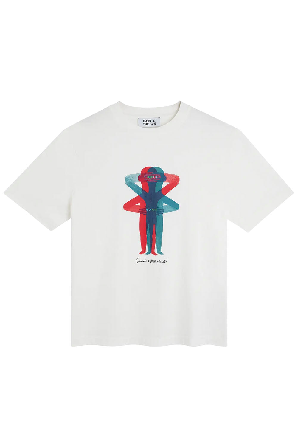 A white short-sleeve crewneck t-shirt featuring a colorful graphic of two stylized figures in red and blue, with a small signature print below, displayed flat against a white background.