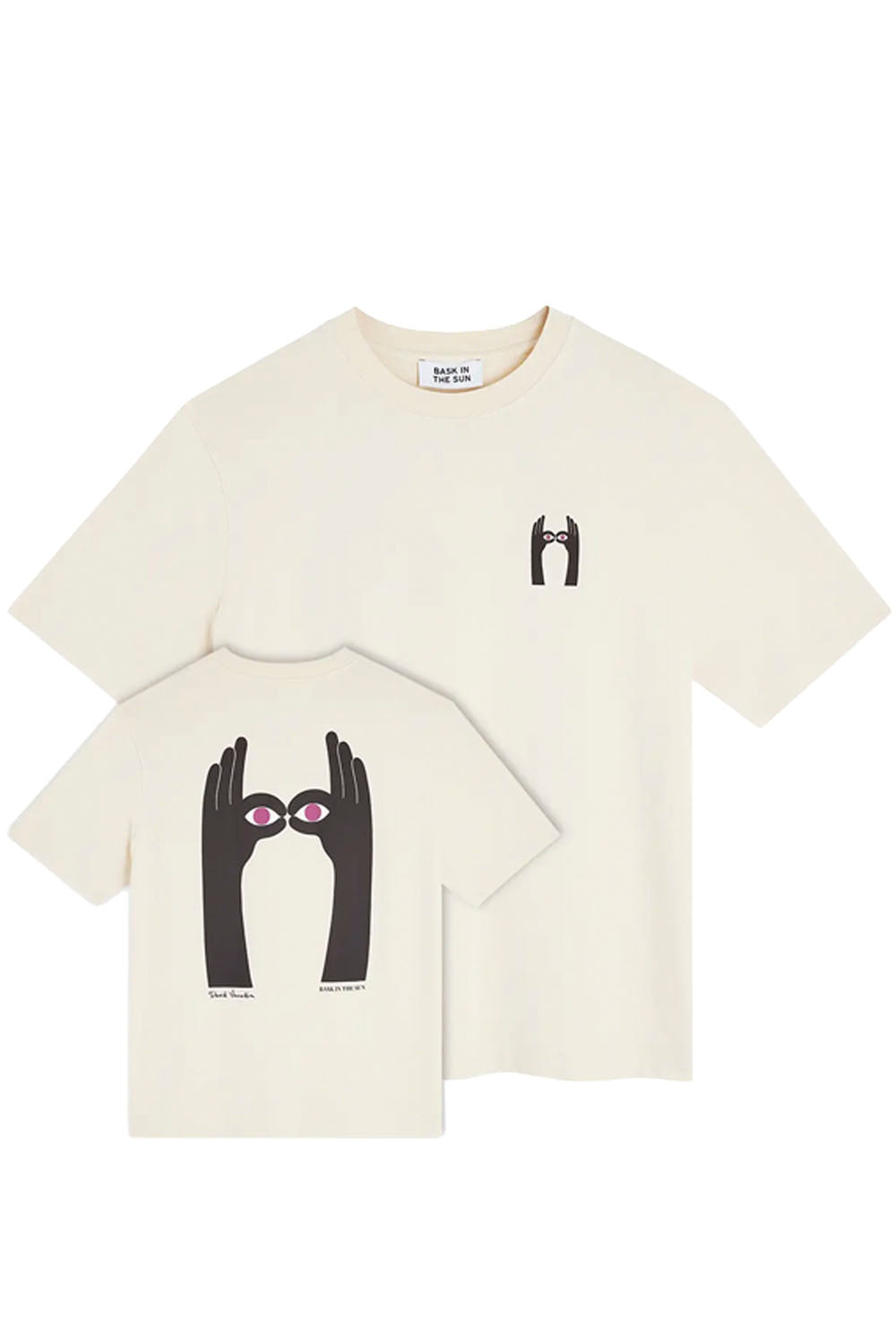 An off-white short-sleeve t-shirt by Alexander Wang, shown flat against a white background. The front of the shirt features a small black graphic on the left chest, while a smaller inset in the foreground shows the back of the shirt with a large version of the black hand graphic containing pink eyes.