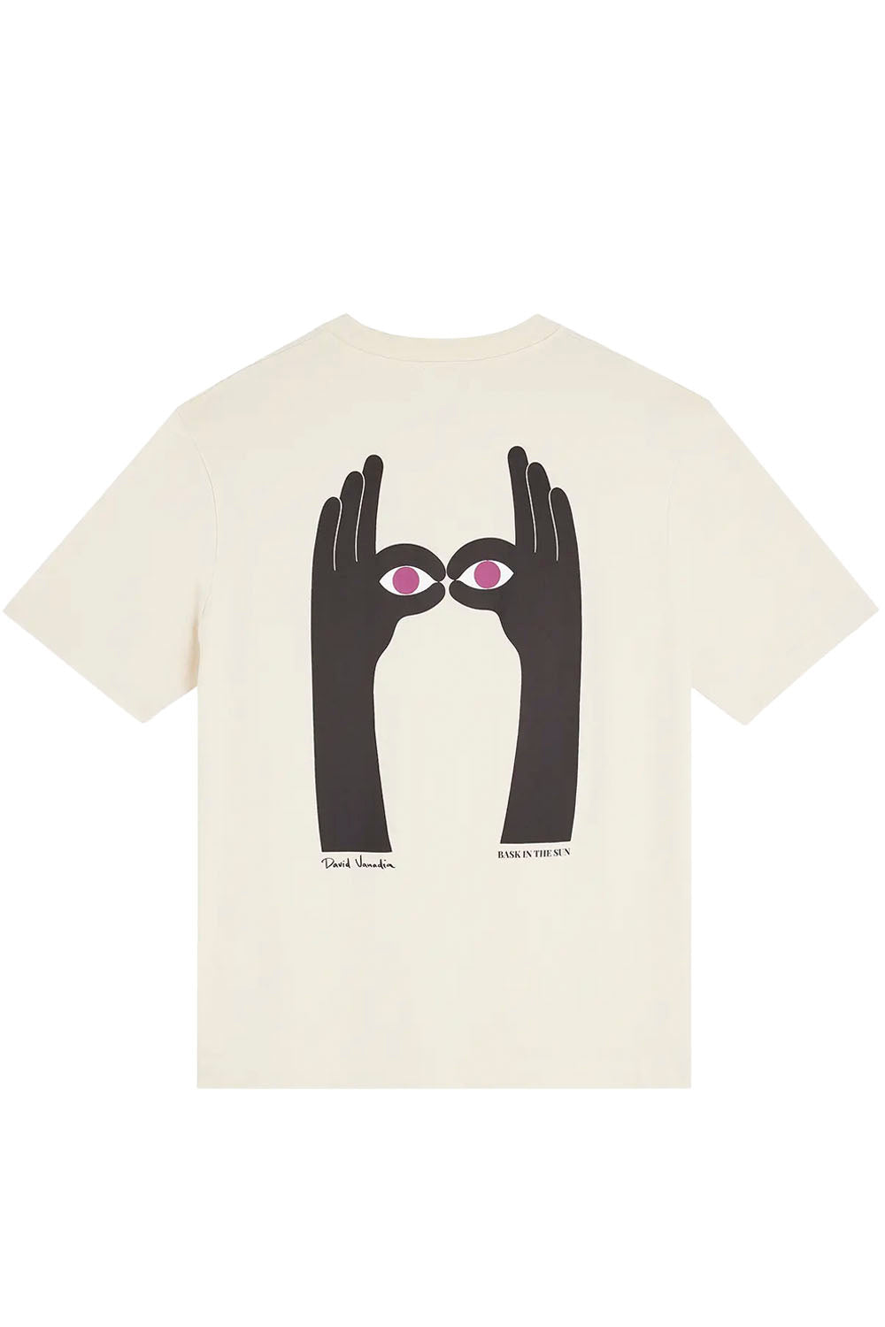 An off-white short-sleeve t-shirt featuring a graphic print of two black hands forming an 'OK' sign with pink eyes, on a plain white background.