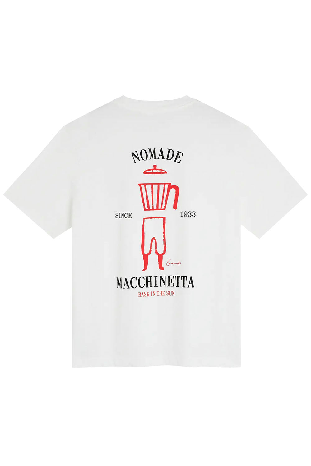 A white short-sleeve t-shirt with a red and black graphic print on the back, featuring a stylized espresso machine illustration and the text 'NOMADE MACCHINETTA' and 'SINCE 1933'.