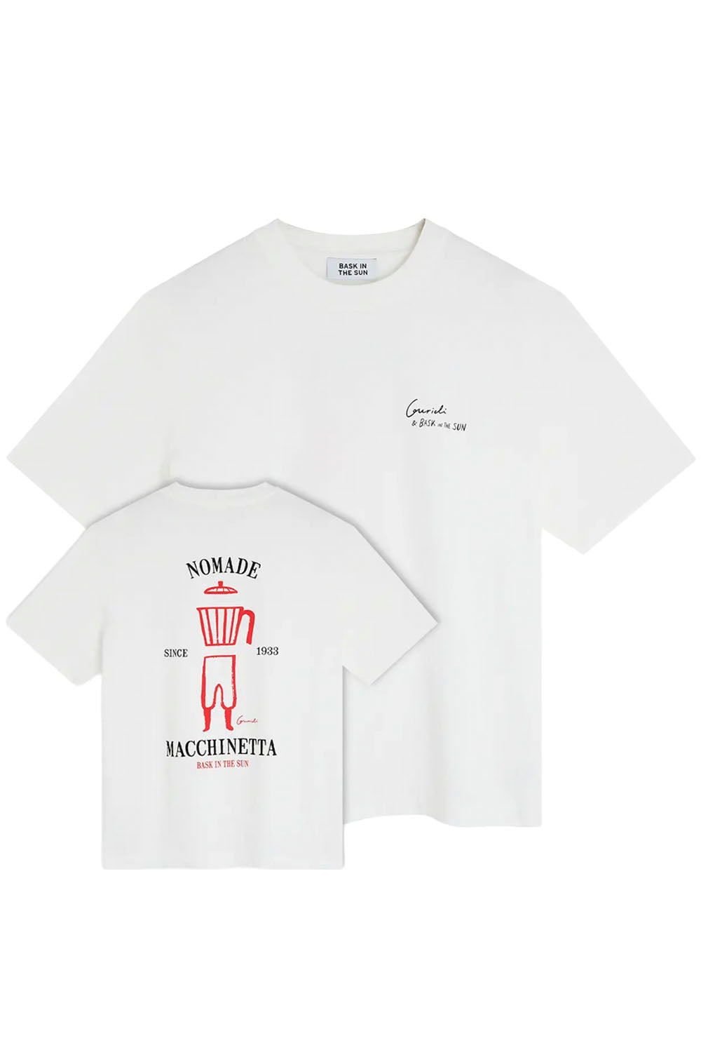 Two white short-sleeve t-shirts shown on a plain white background, one in front and one behind. The front shirt has a small black script logo on the left chest, and the back shirt shows a larger red and black graphic with the words 'NOMADE' and 'MACCHINETTA'.