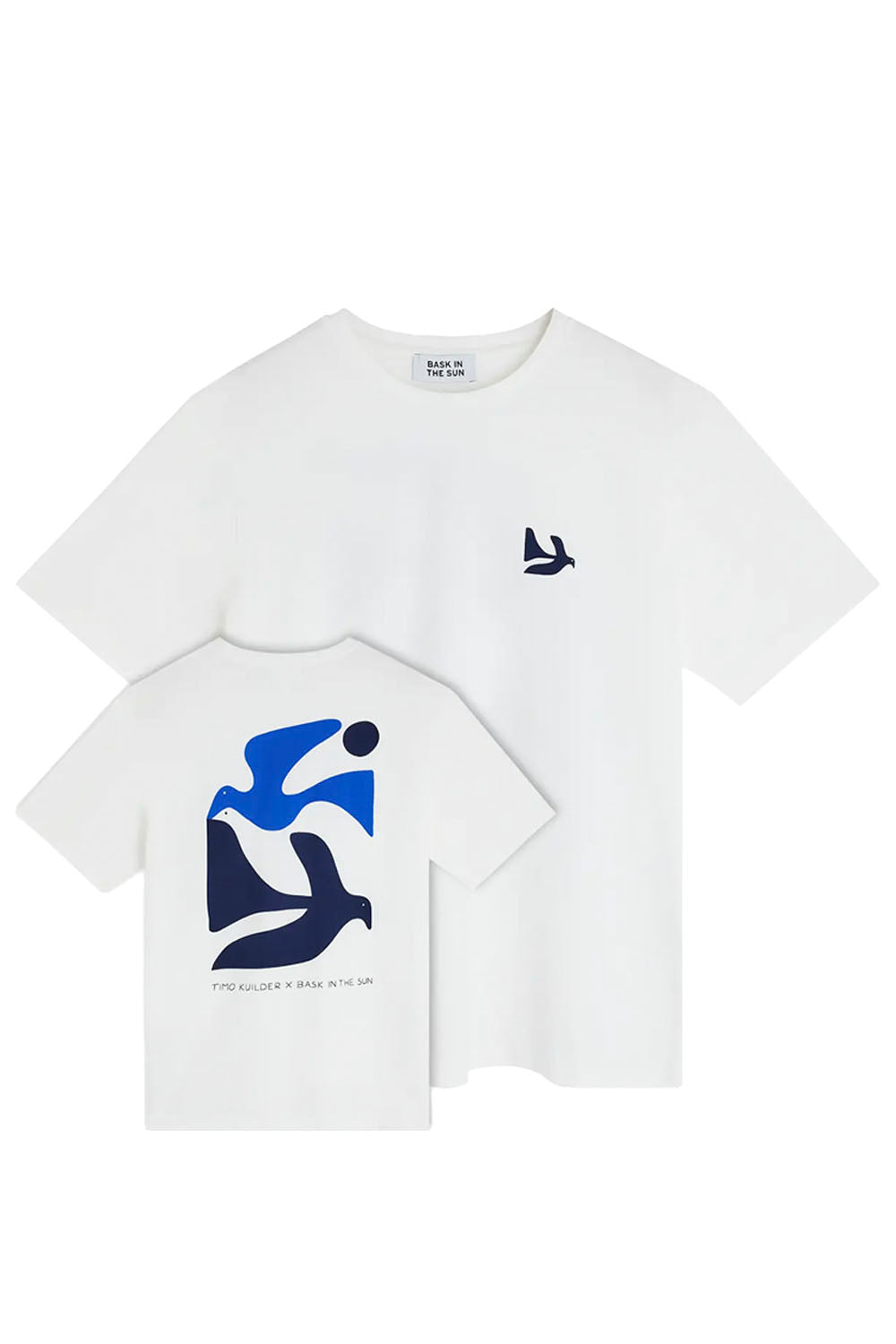 A white short-sleeve crewneck t-shirt, shown in two views: a front view with a small navy blue bird logo on the left chest, and a back view featuring a large abstract blue and navy bird graphic with text below.