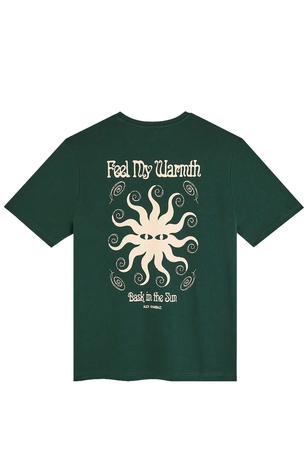 A dark green short-sleeve t-shirt with a cream-colored sun graphic and text reading 'Feel My Warmth' and 'Back in the Sun' on the front, displayed against a solid white background.