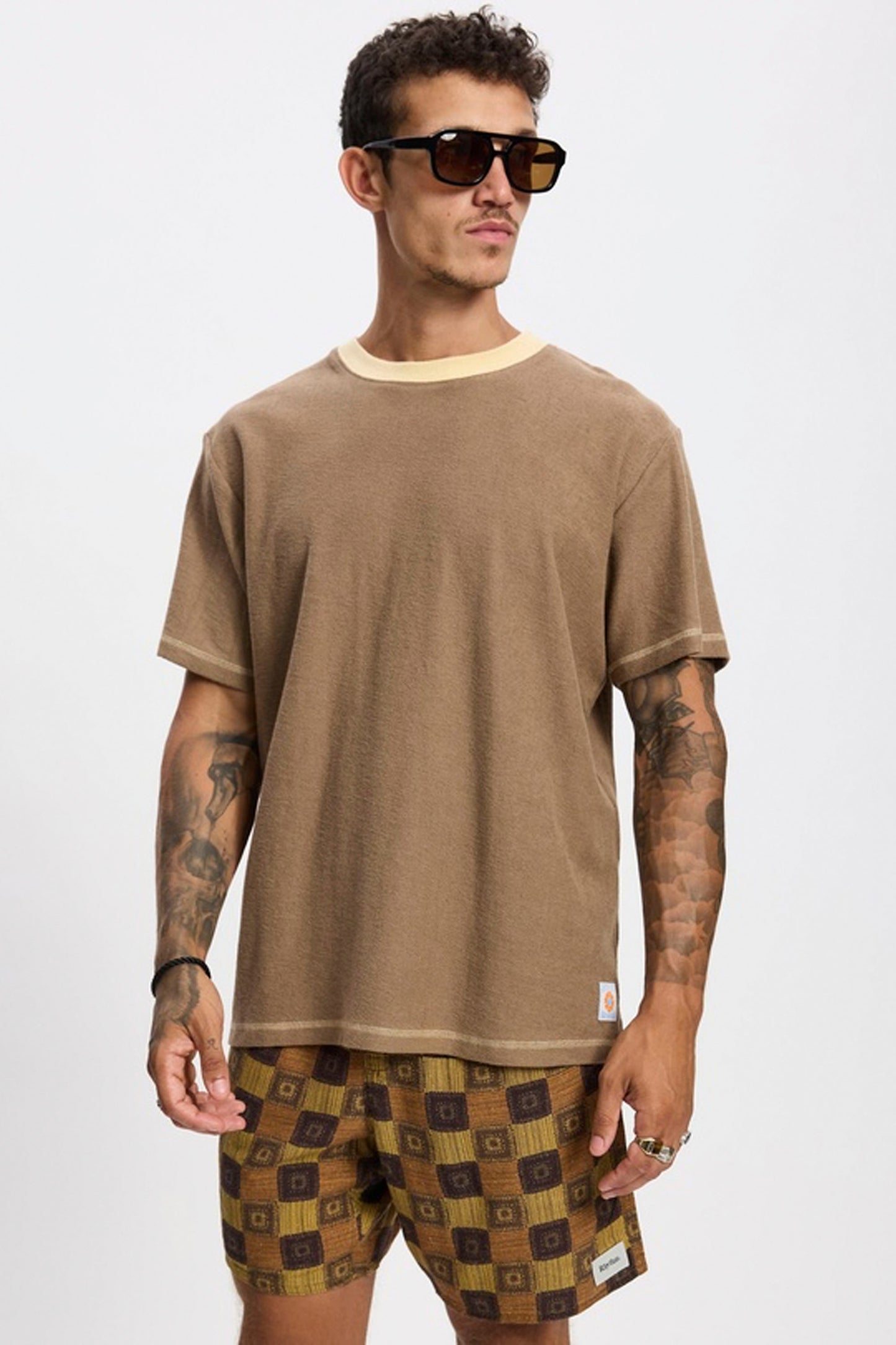 Rhythm terry t-shirt latte - detail of pure cotton fabrication and vintage terry texture