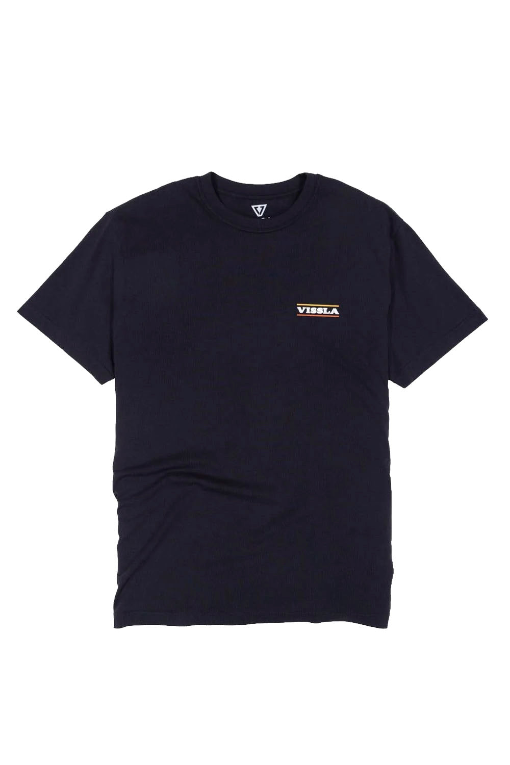 Black t-shirt with gold and white graphics and text on a white background