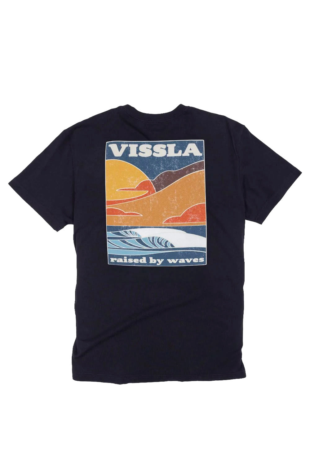 A navy blue short-sleeve t-shirt with a large rectangular graphic print on the front. The graphic features the brand name 'VISSLA' at the top, a stylized landscape with orange and yellow hills, a blue wave, and the text 'raised by waves' at the bottom.