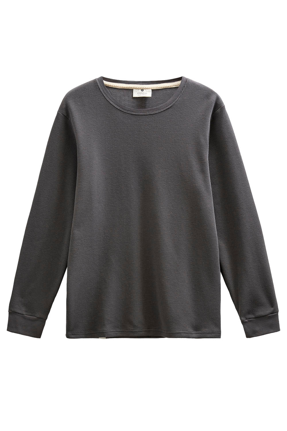 A dark gray long-sleeve crewneck top with ribbed cuffs and hem, displayed flat against a plain white background.
