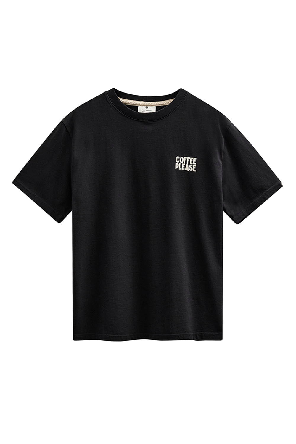 Anerkjendt Akvillads Coffee Please Tee in Caviar black — men's relaxed-fit graphic tee, new arrival at Pukas Surf Shop