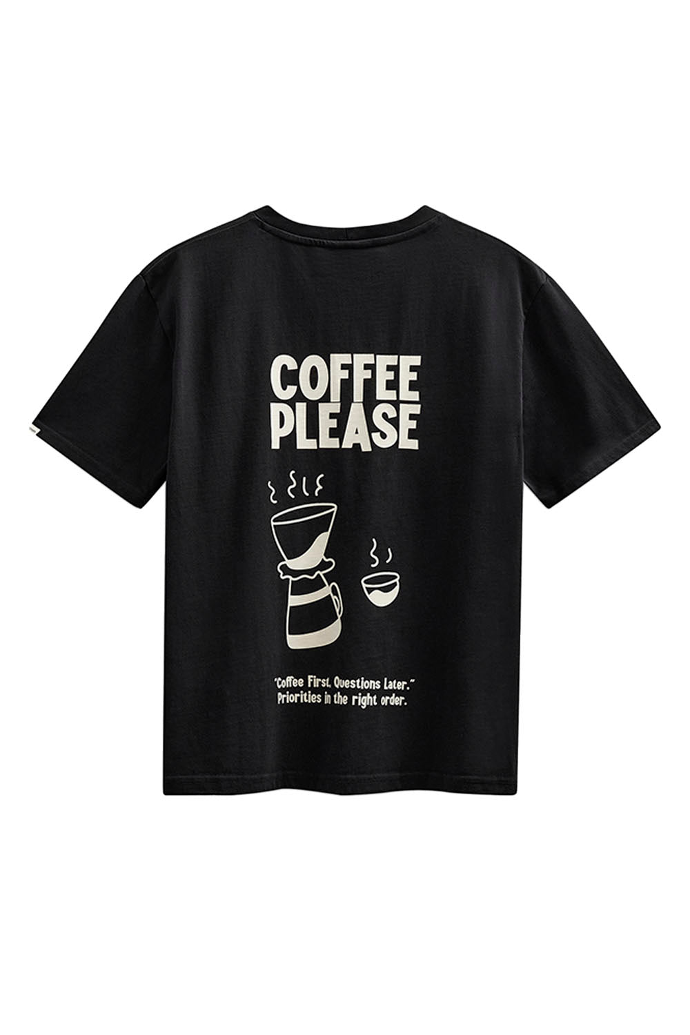 Anerkjendt Akvillads Coffee Please Tee in Caviar black — men's relaxed-fit graphic tee, new arrival at Pukas Surf Shop