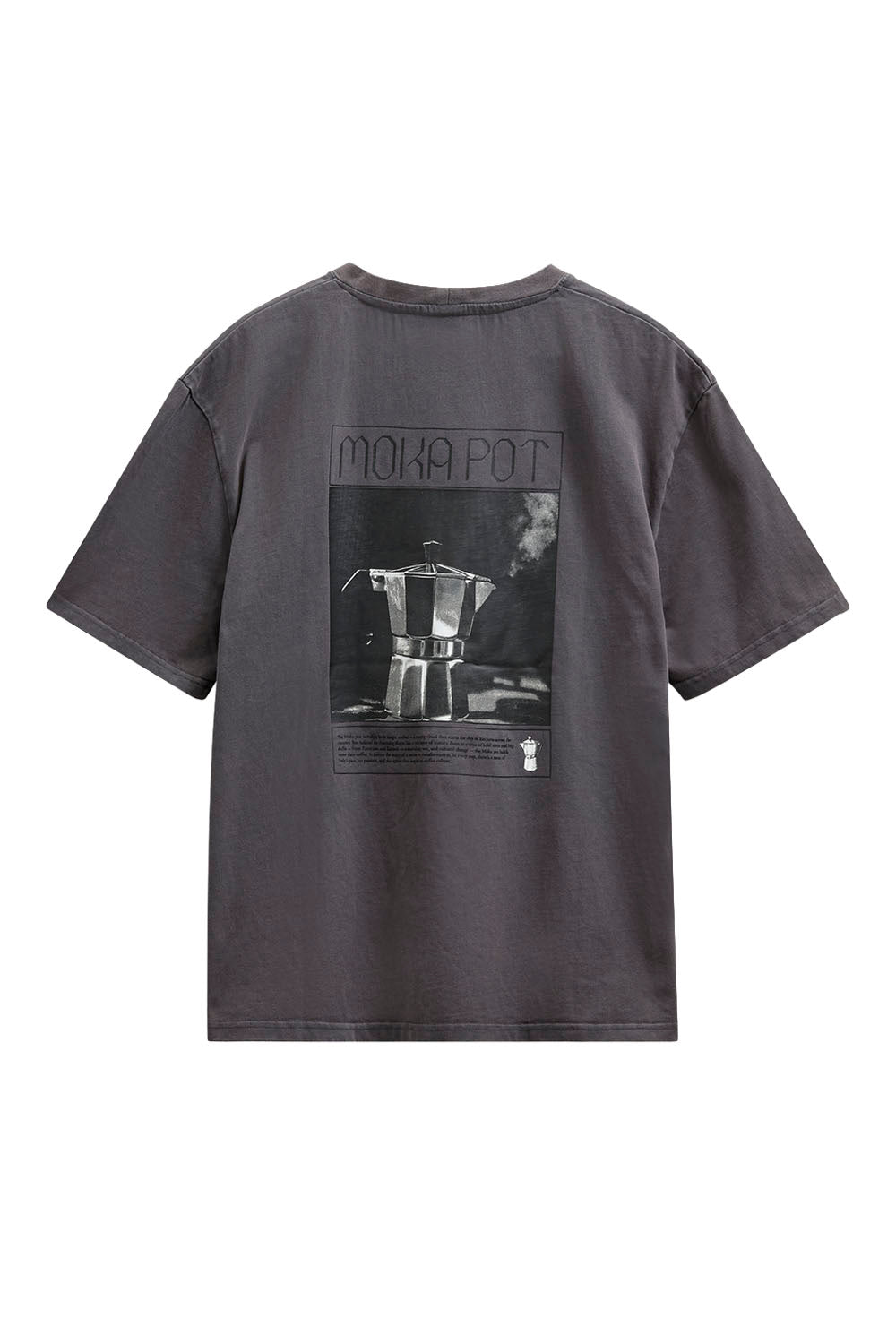 A dark gray short-sleeve t-shirt shown from the back, featuring a black and white graphic print of a moka pot with the text 'MOHA POT'.