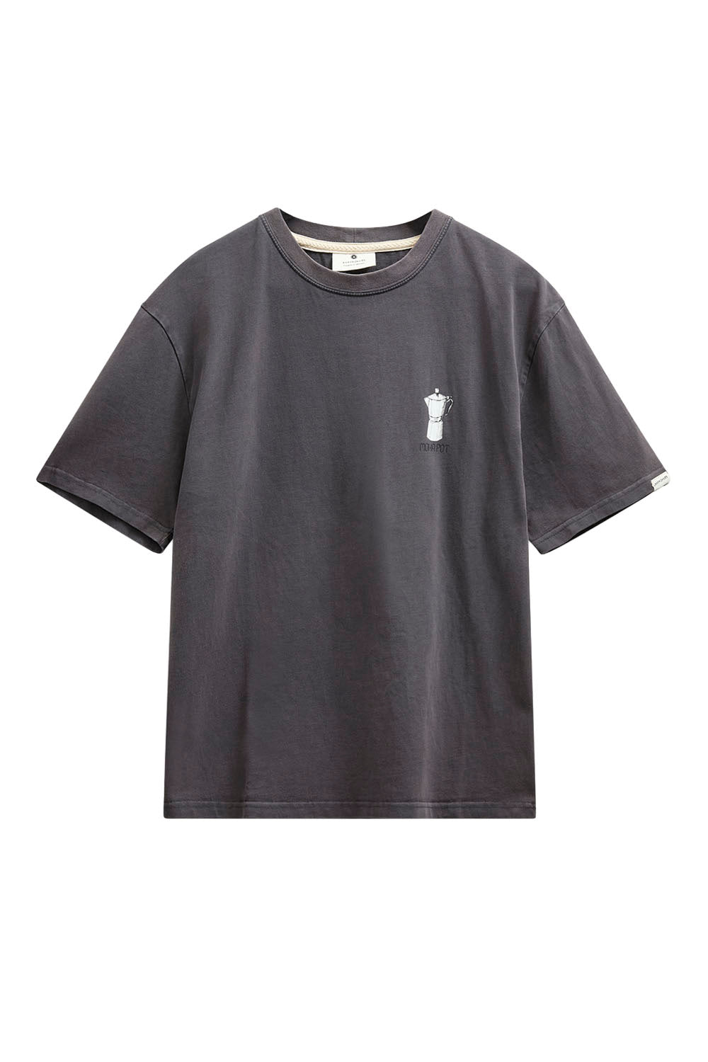 A dark gray washed cotton t-shirt with a small white graphic of a cup on the left chest, displayed flat against a solid white background.
