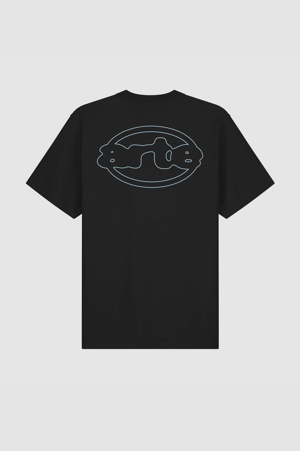 A black short-sleeve t-shirt with a white outline graphic of a stylized fish inside an oval on the chest, displayed against a light gray background.