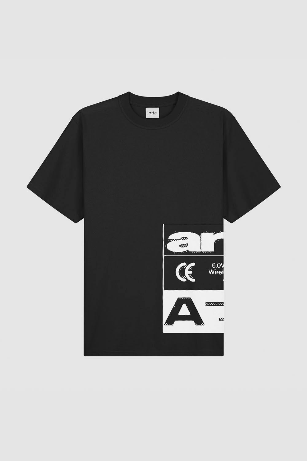 A black short-sleeve crewneck t-shirt with a white graphic print on the lower front, featuring the letters 'an', 'CE', and a large 'A' inside a rectangular block, displayed on a light gray background.