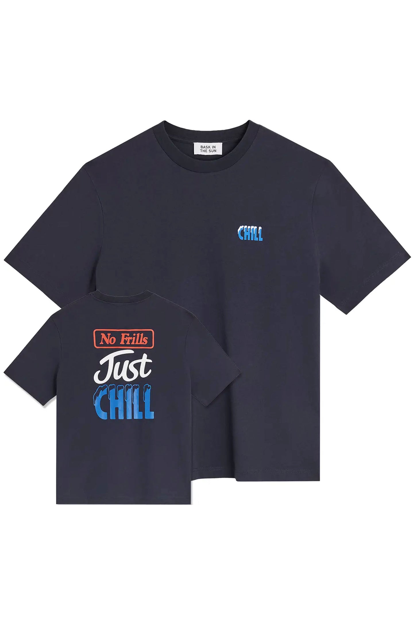 BASK IN THE SUN Chill Tee Midnight – Organic cotton jersey tee with Max Blackmore chill artwork print, front and back view