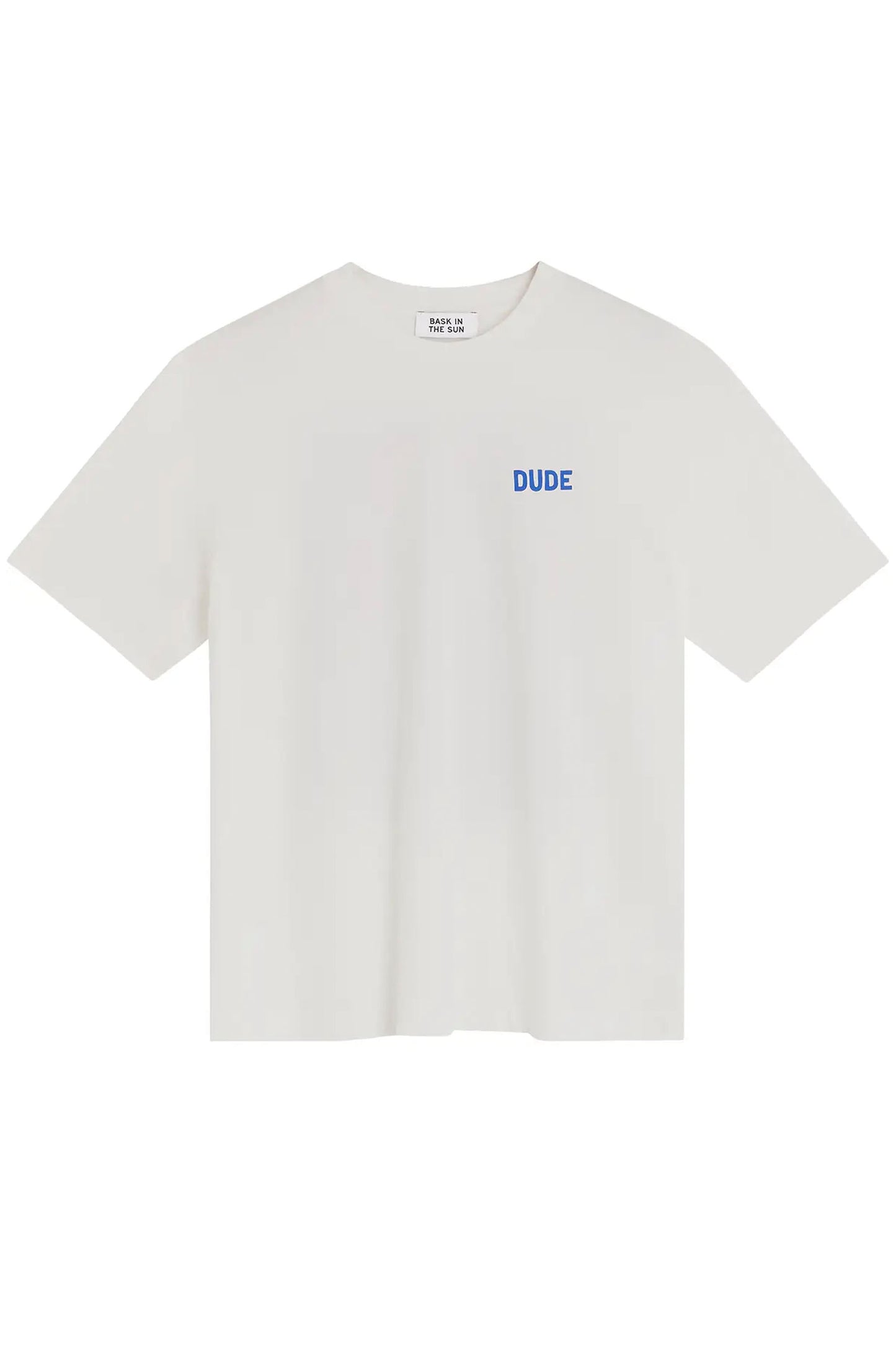 BASK IN THE SUN Dude Tee Blue – Relaxed fit organic cotton tee with Paul McNeil dude artwork print, front view