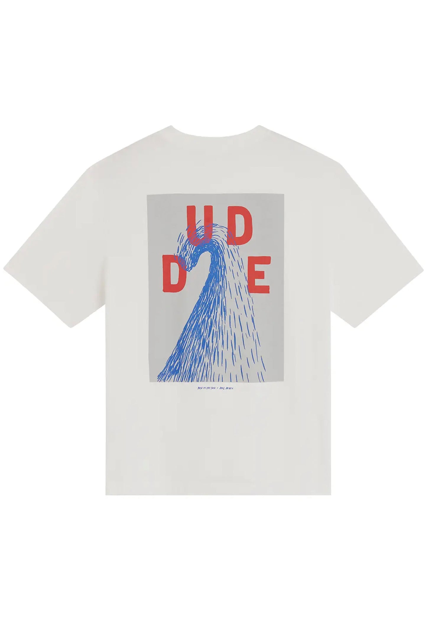 BASK IN THE SUN Dude Tee Blue – Relaxed fit organic cotton tee with Paul McNeil dude artwork print, back view
