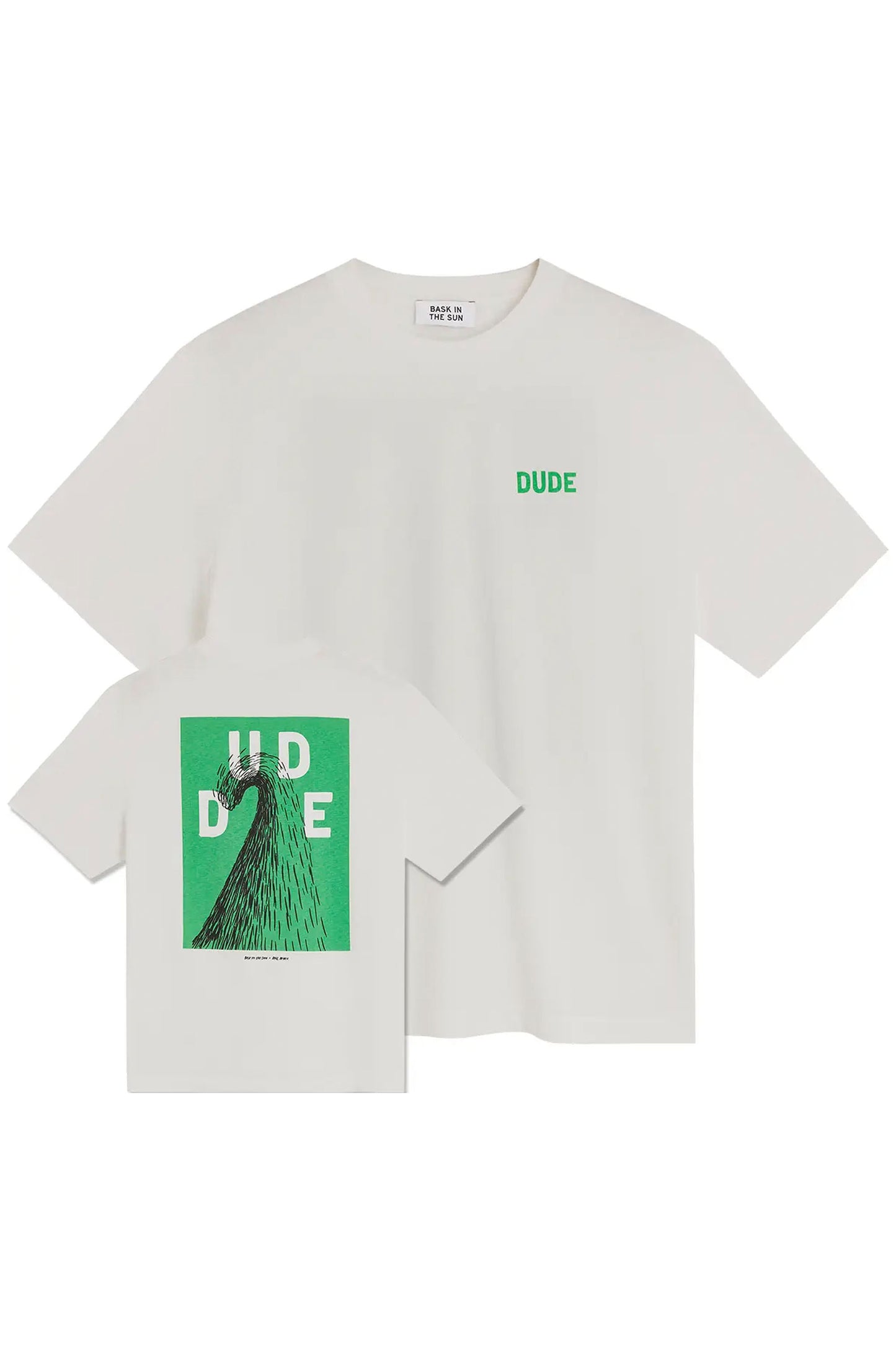BASK IN THE SUN Dude Tee Green – Relaxed fit organic cotton tee with Paul McNeil dude artwork print, front and back view
