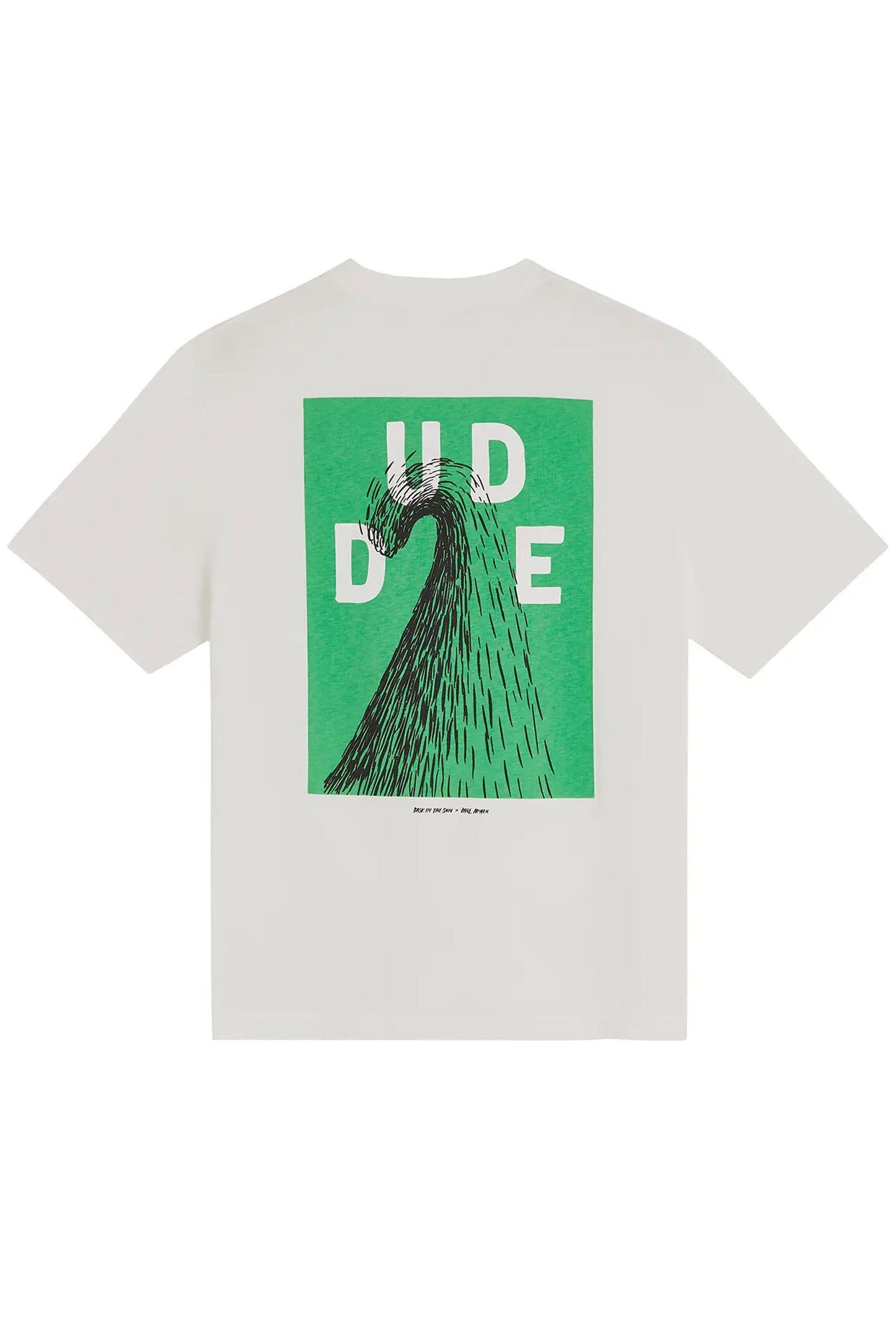 BASK IN THE SUN Dude Tee Green – Relaxed fit organic cotton tee with Paul McNeil dude artwork print, back view