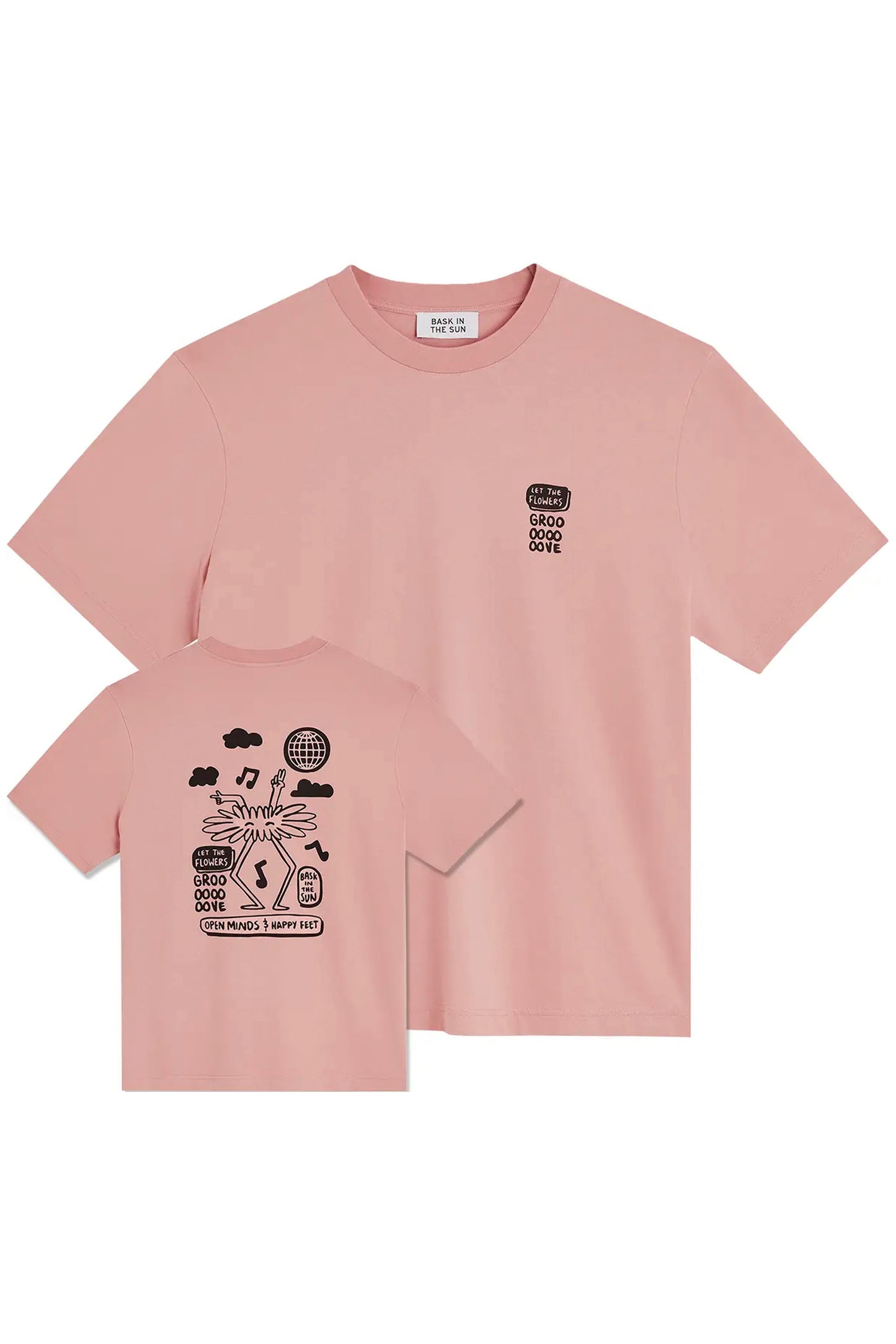 Bask In The Sun Groove Tee in Flamingo – organic cotton graphic tee, front and back view | Pukas Surf Shop
