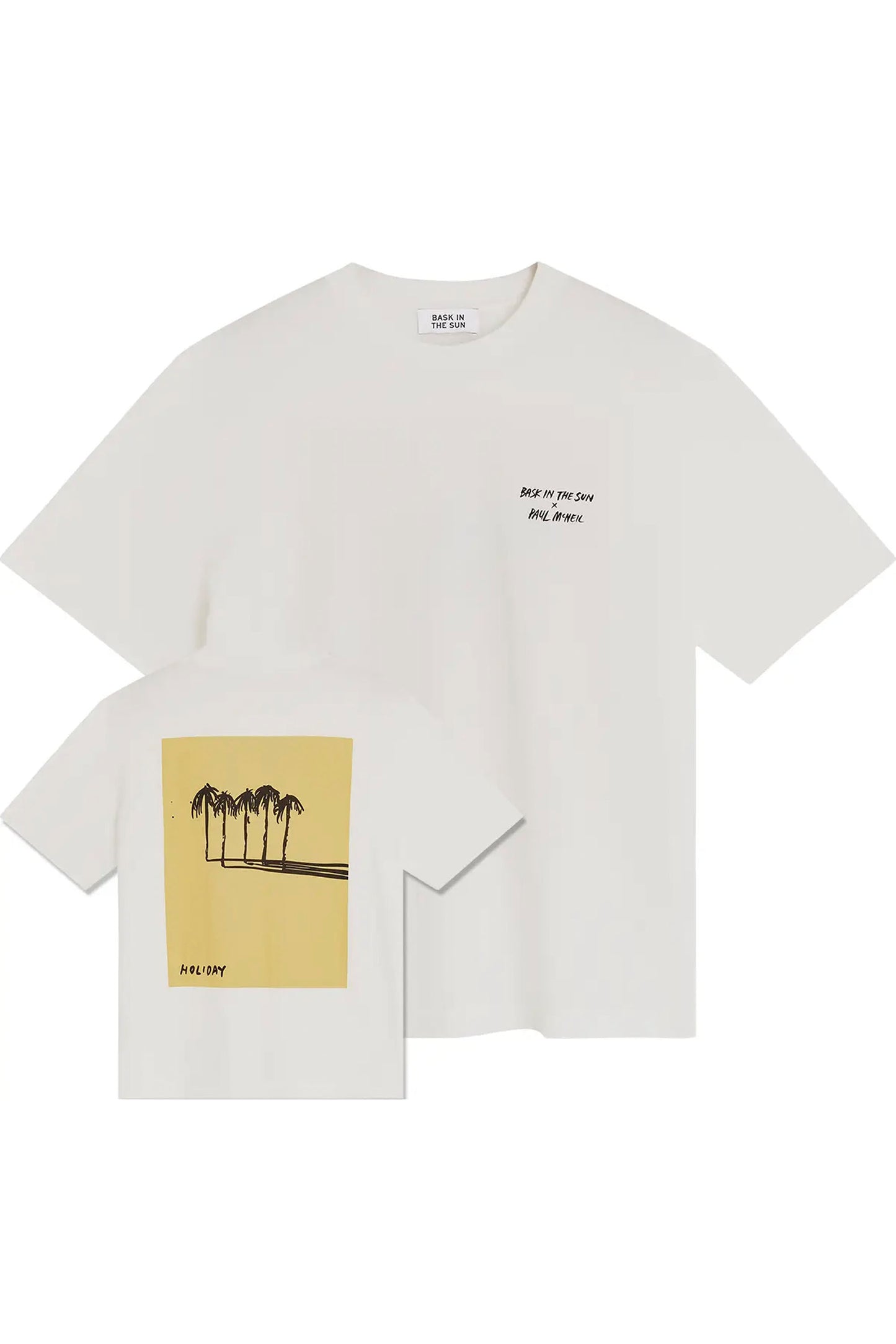 BASK IN THE SUN Holiday Tee Pollen – Relaxed fit organic cotton tee with Paul McNeil artwork print, front and back view
